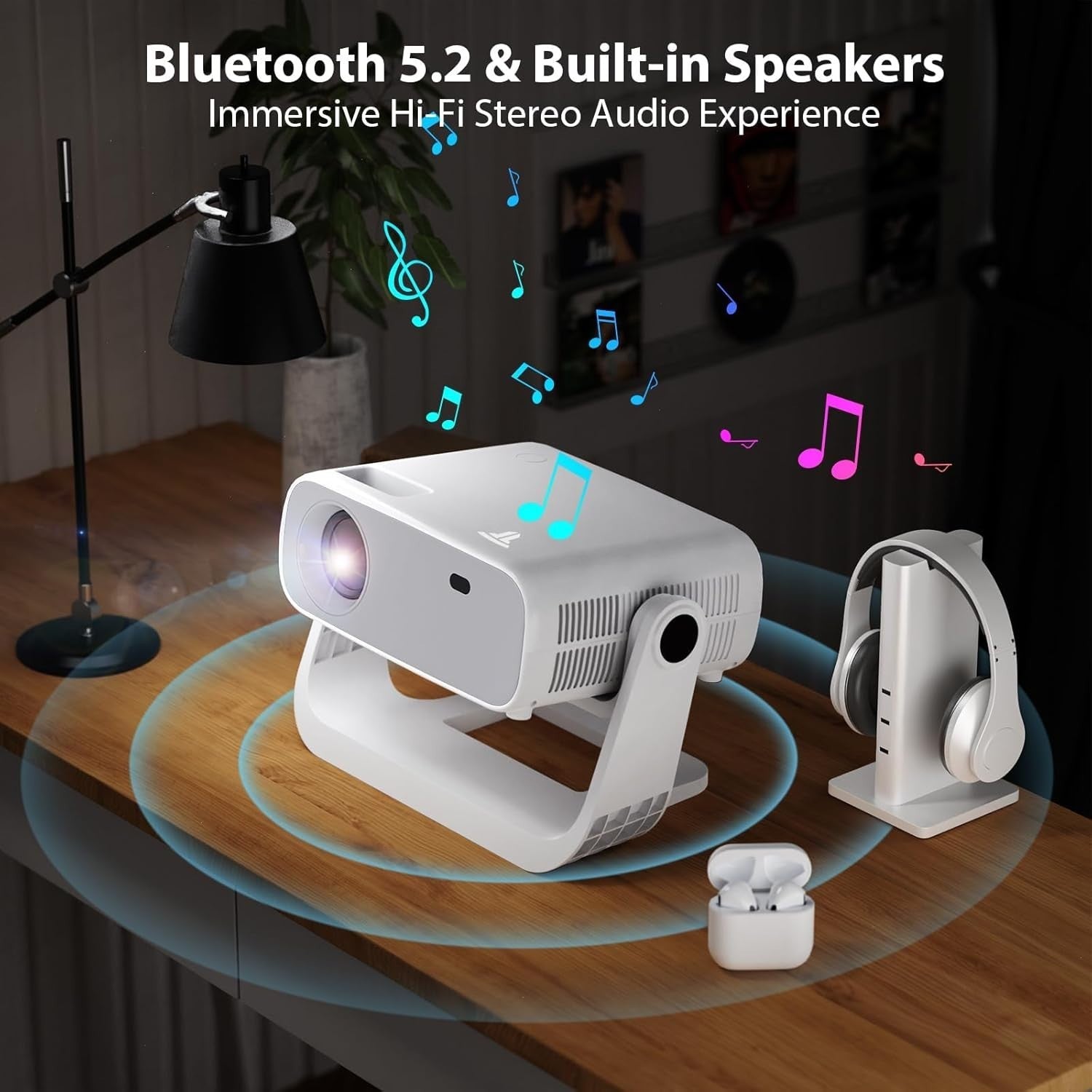Smart 1080P Projector 4K WiFi 6 Bluetooth Built-In Apps 120° Stand