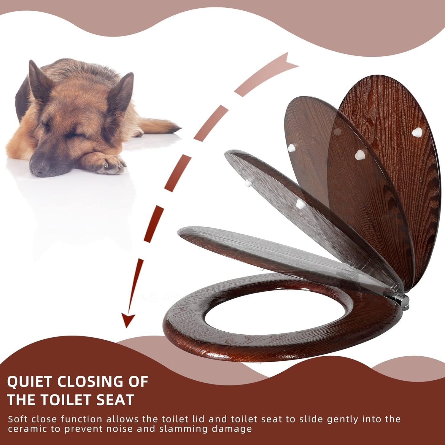 Antibacterial Wooden Toilet Seat Quick Release Oval Dark Walnut 45x37cm