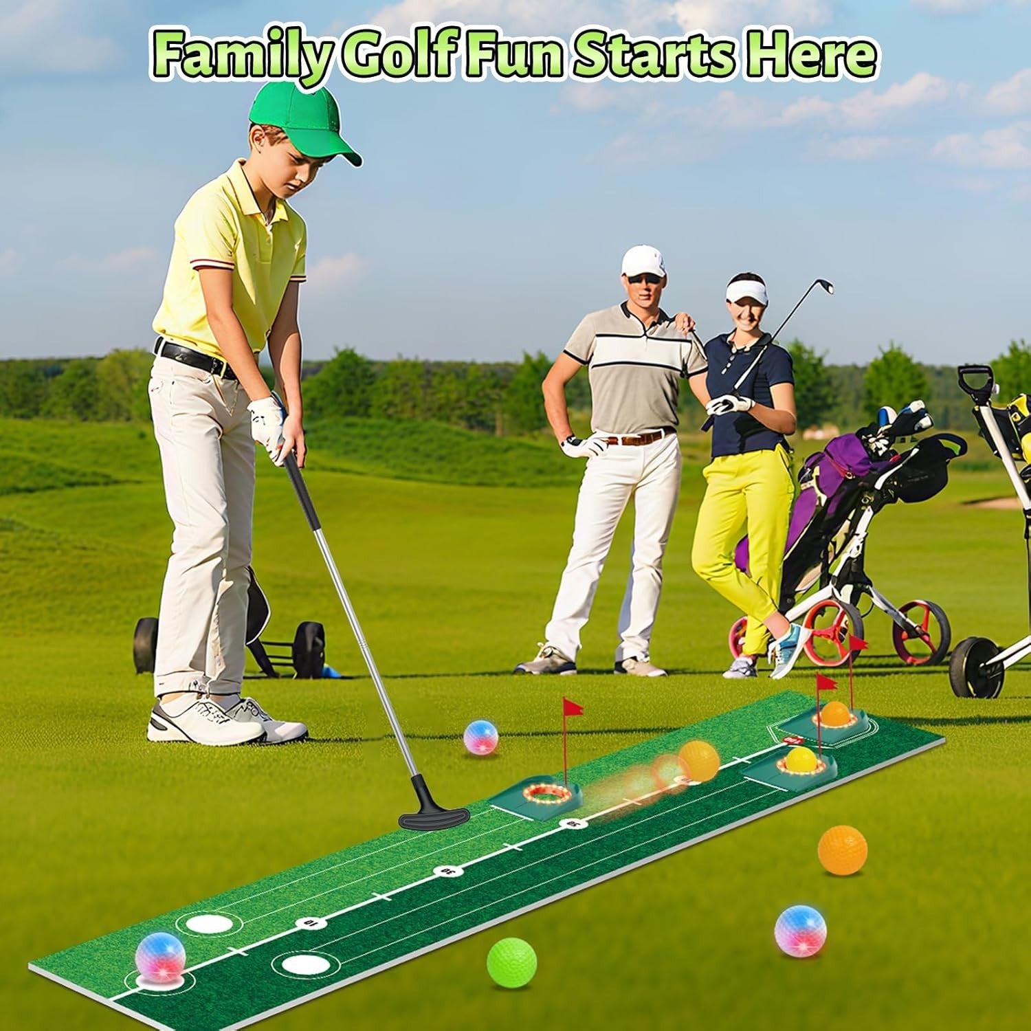 Kids Golf Putting Set Light Up Mat Indoor Outdoor Golf Game w Balls