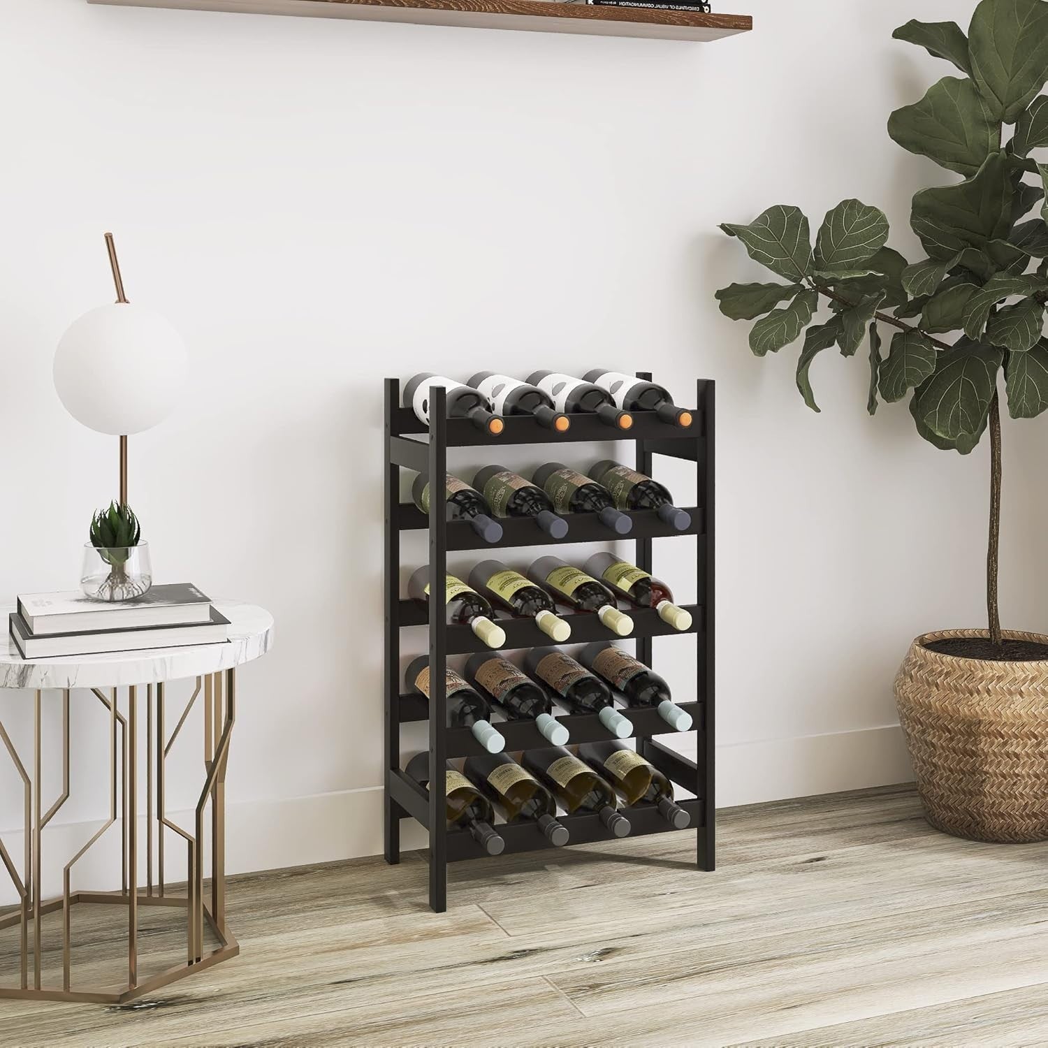 5 Tier Wooden Wine Rack 20 Bottle Storage Stand Free Standing Black Kitchen Bar