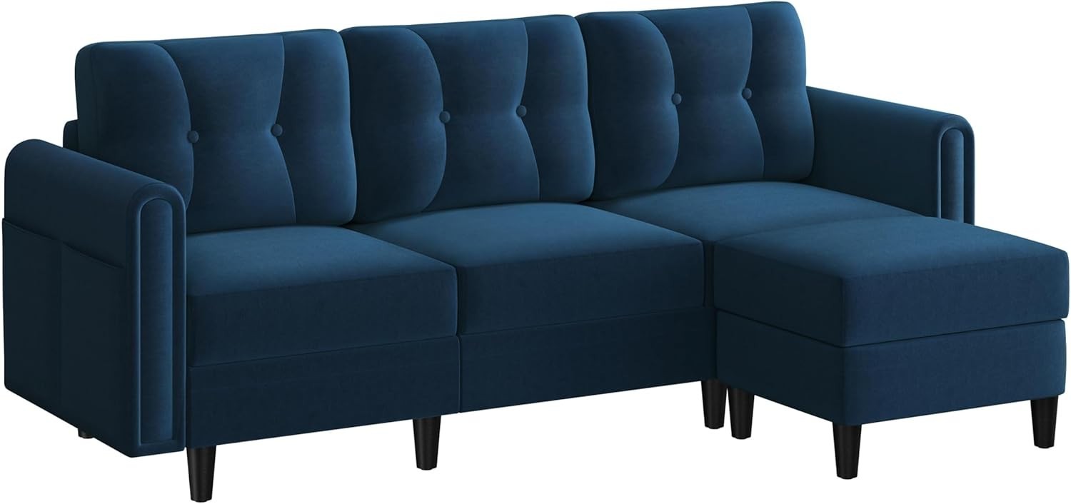 Velvet L-Shaped Corner Sofa with Ottoman 3-Seater Chaise for Small Spaces