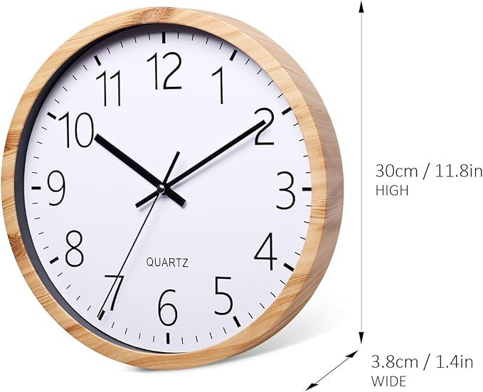 Modern 12 Inch Wooden Wall Clock Silent Non-Ticking Minimalist Home Decor