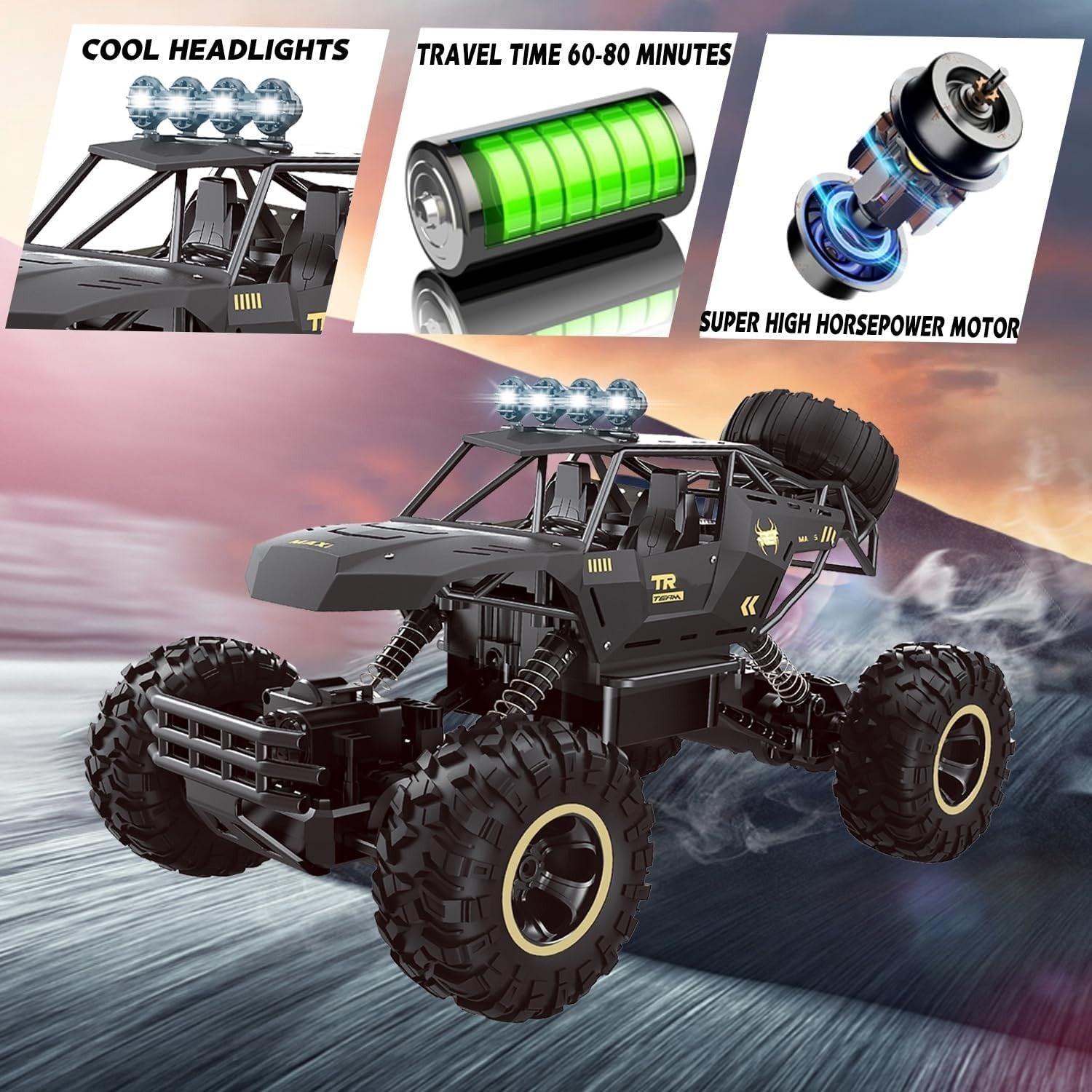 1:12 RC Monster Truck 4WD 2.4GHz Rock Crawler Metal Shell LED Car with 2 Batteri