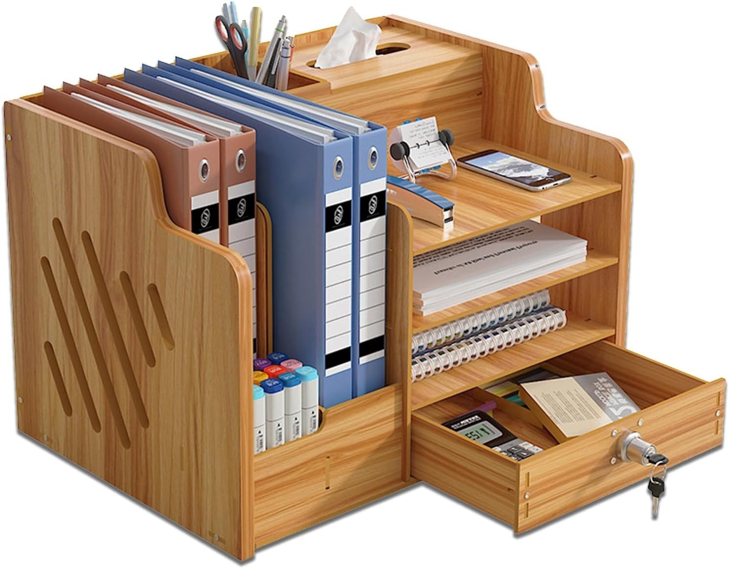 Wood Desk Organiser with Drawer 9-Compartment Desktop Storage Brown