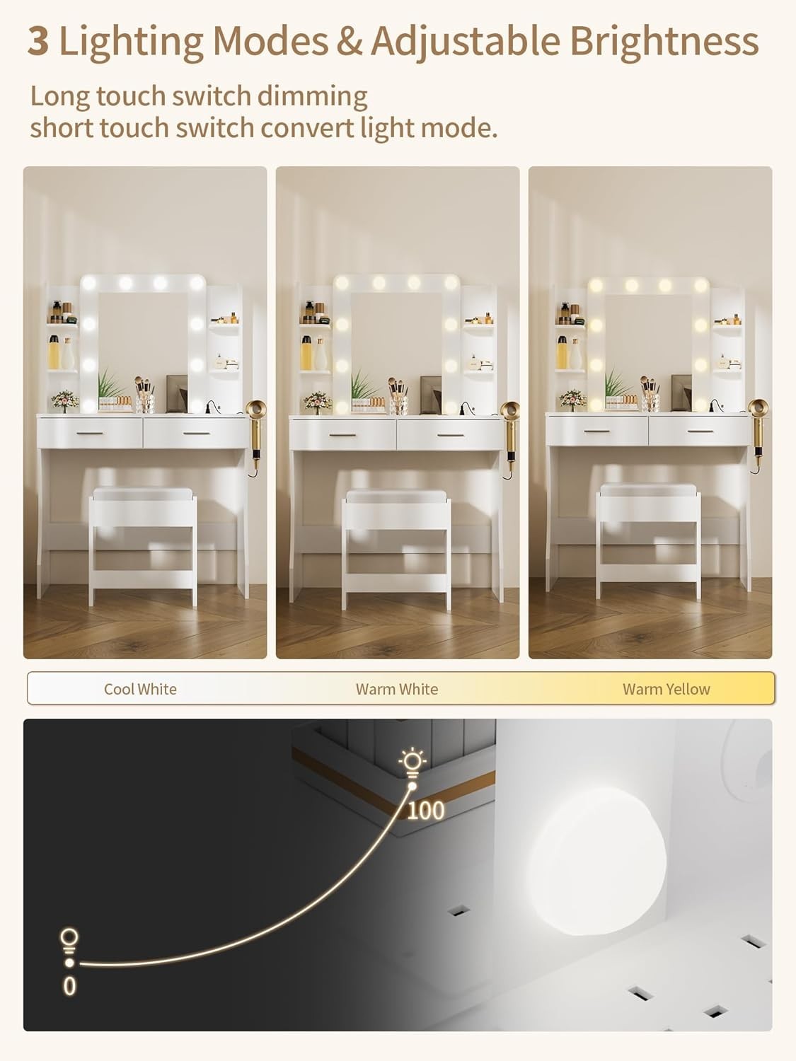 Modern White Vanity Dressing Table Set w/ Stool, 3-Color LED Light & Storage