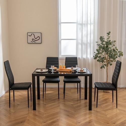Modern Black 120x70cm Glass Dining Table Set with 4 PU Leather Chairs