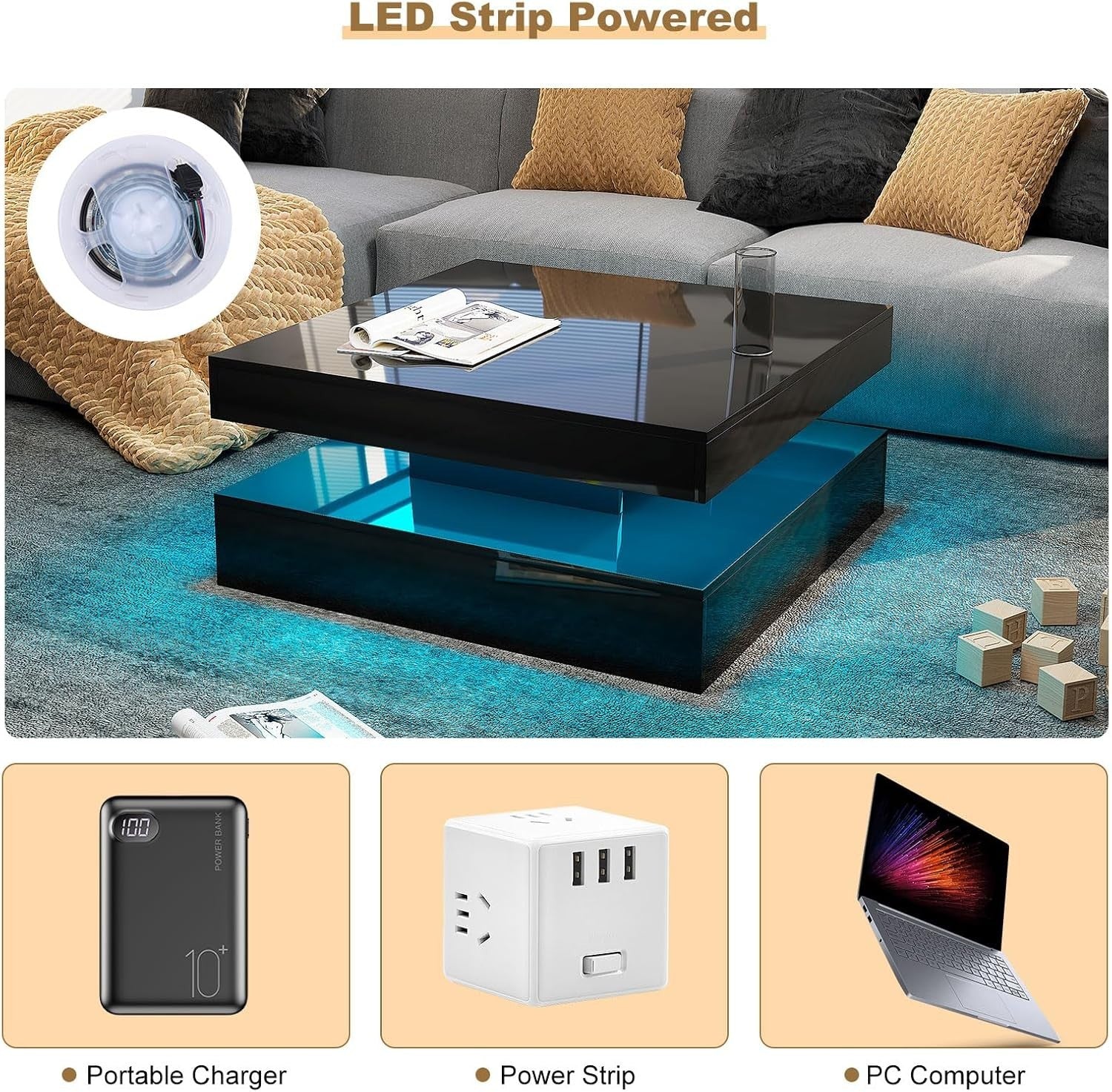 Black Glossy LED Coffee Table with Storage, 2-Tier Square 78x78cm