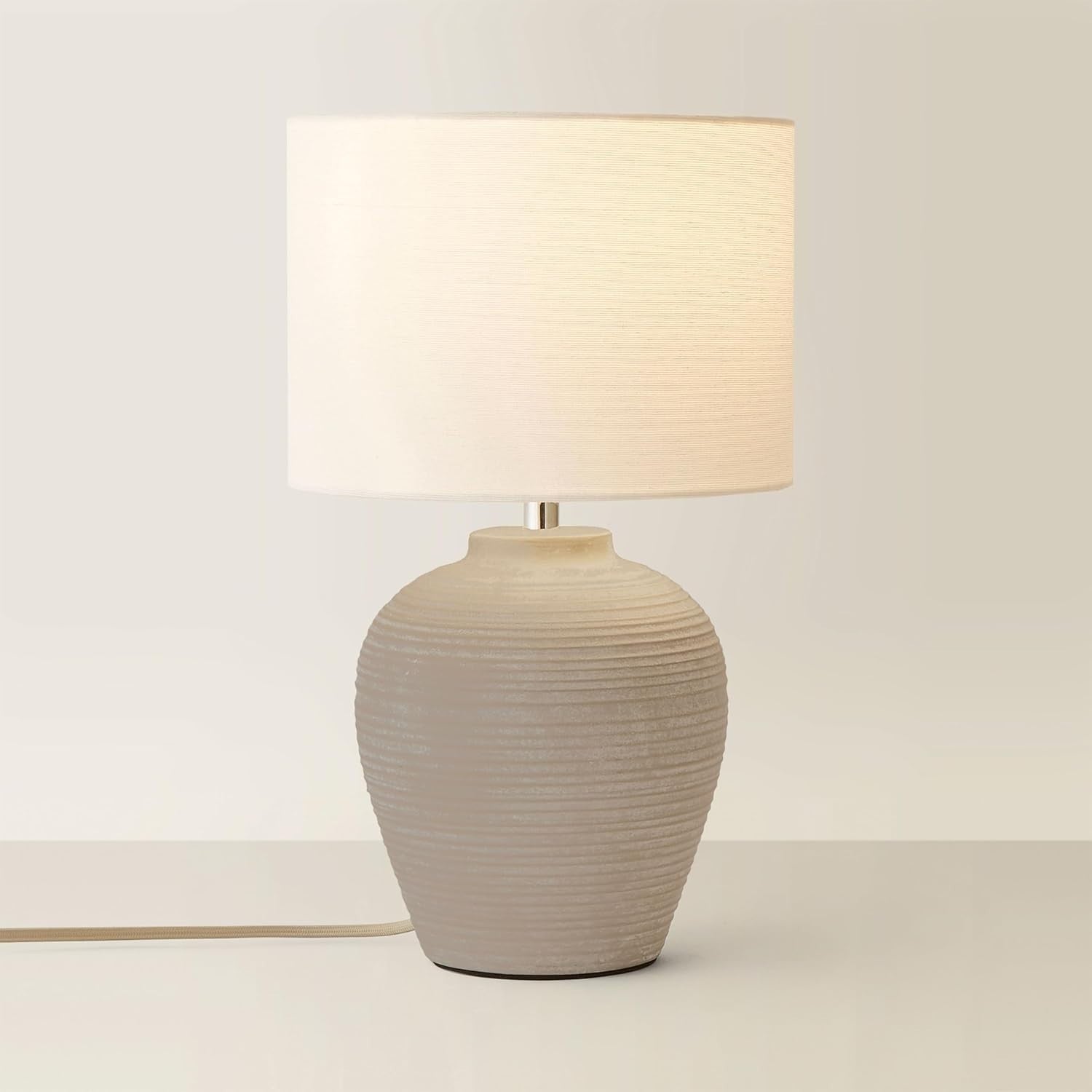 Stone Grey Ribbed Ceramic Table Lamp Linen Drum Shade Large 54cm