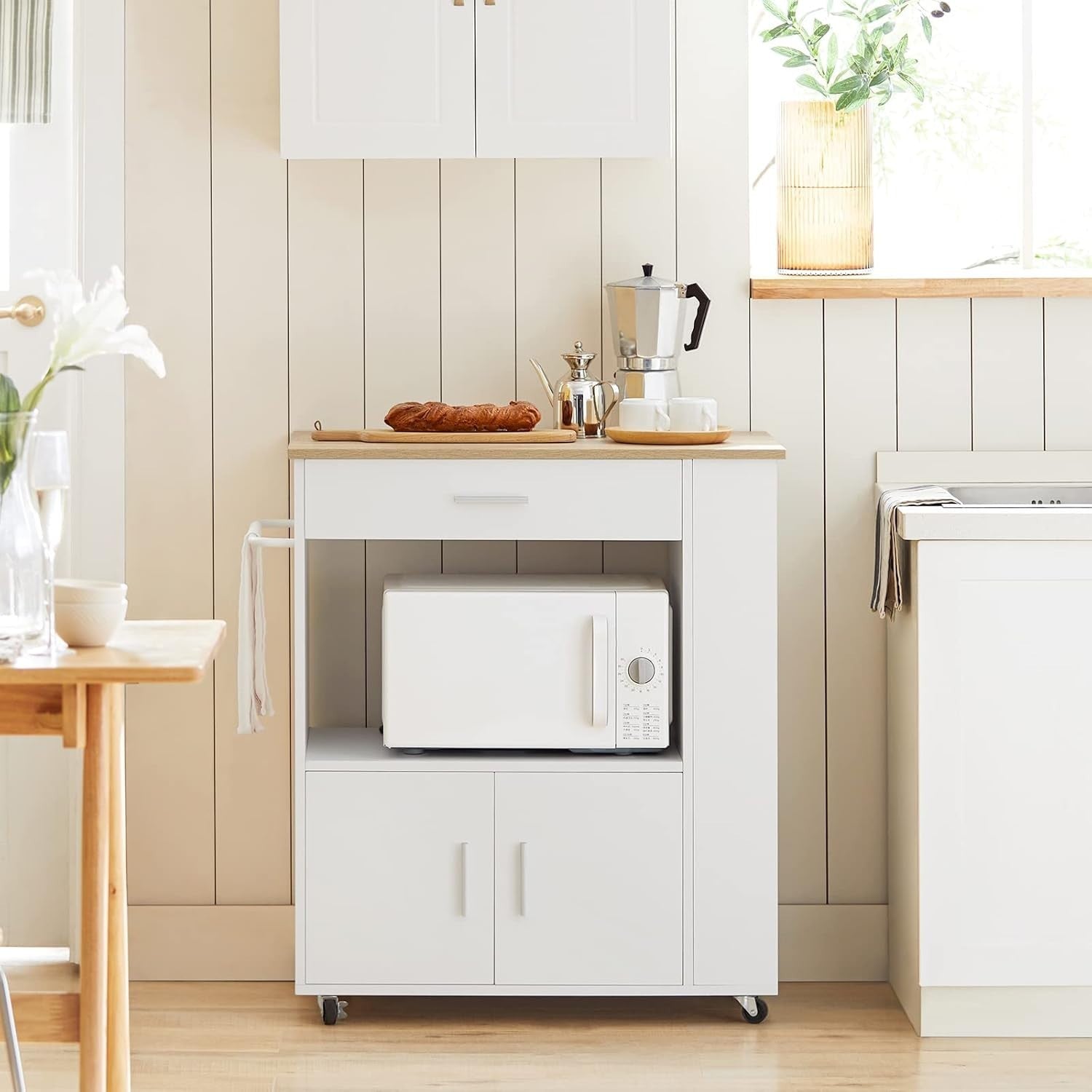 Compact Kitchen Island Trolley Cart White | Wheels, Cupboard, Drawer 82cm