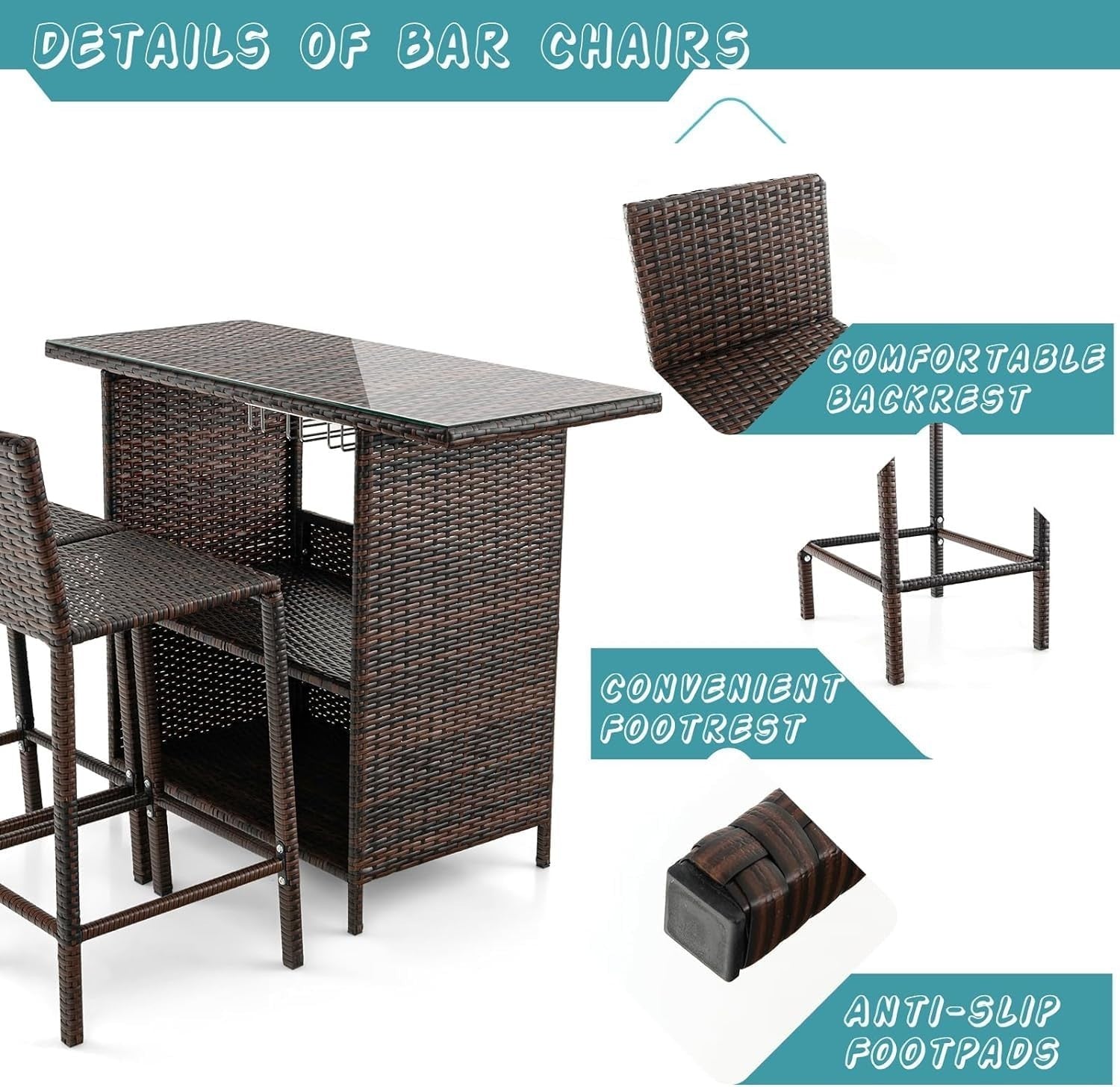 Rattan Bar Table Set with 2 Stools Glass Top Storage Shelves Patio Bistro