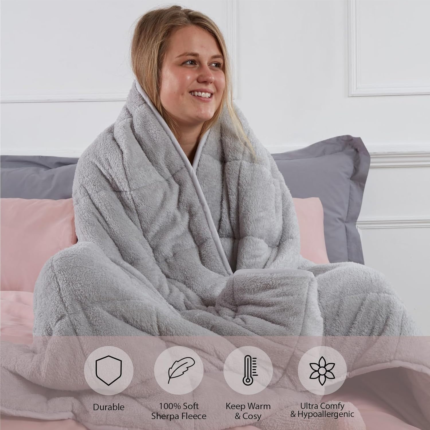 Teddy Fleece Weighted Blanket Silver Grey 8kg 150x200cm Calming Comfort