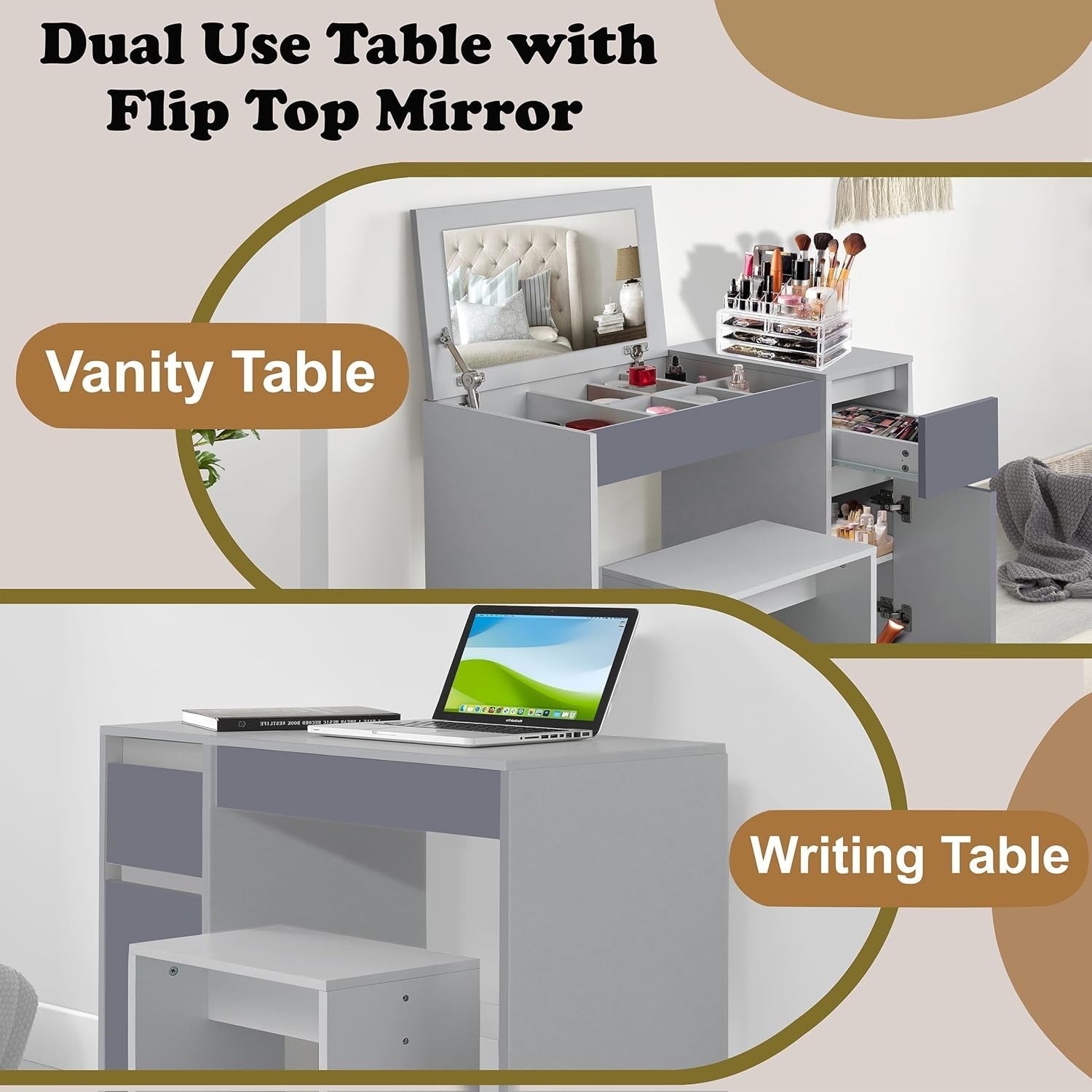 Dressing Table Vanity Desk w/Flip Mirror Storage Drawer & Stool Light Grey MDF