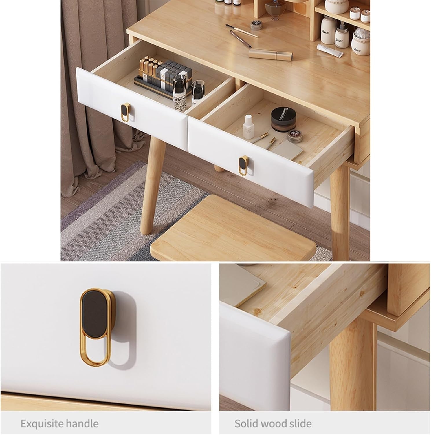 Wood Vanity Makeup Dressing Table Desk Mirror Stool Drawers Bedroom Furniture