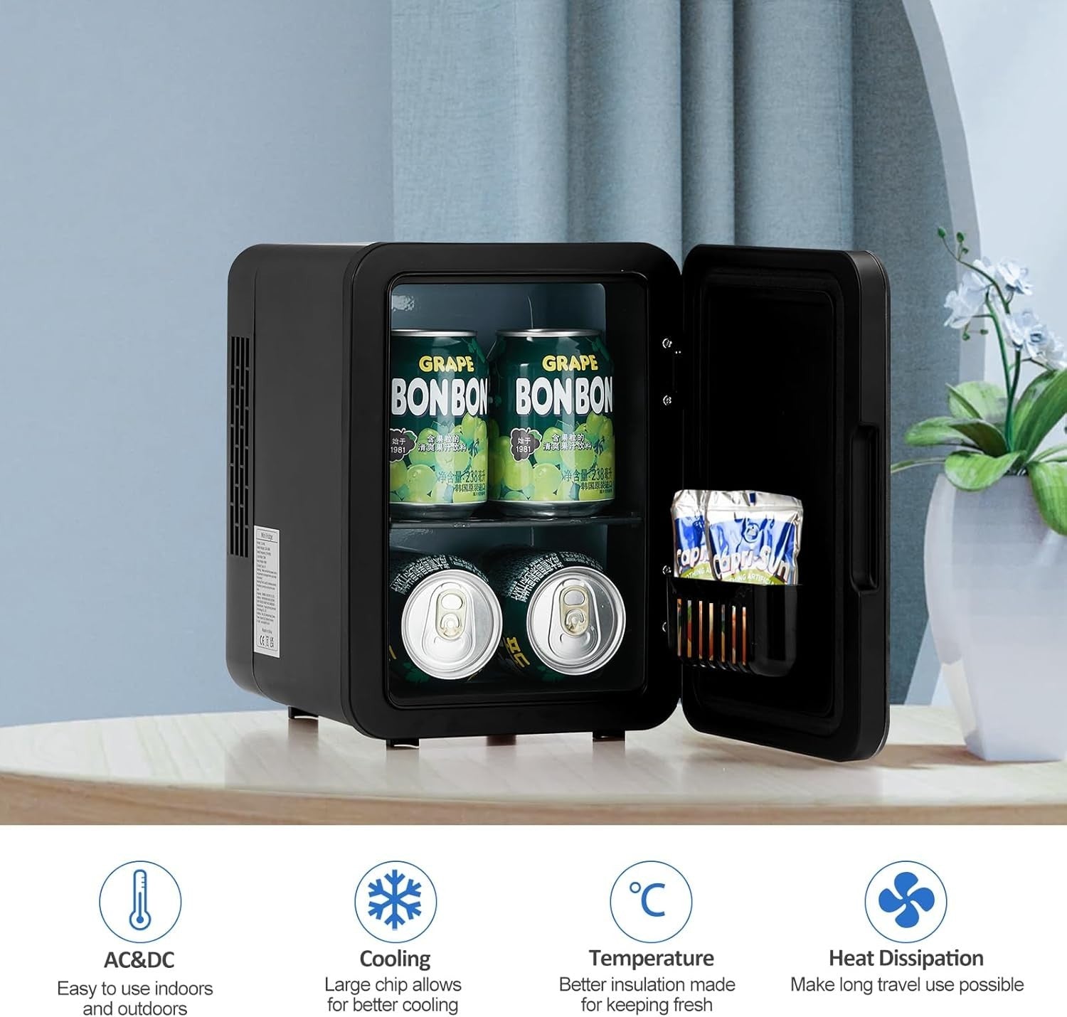 4L Mini Fridge Black AC/DC Cooler Warmer Frost-Free Portable
