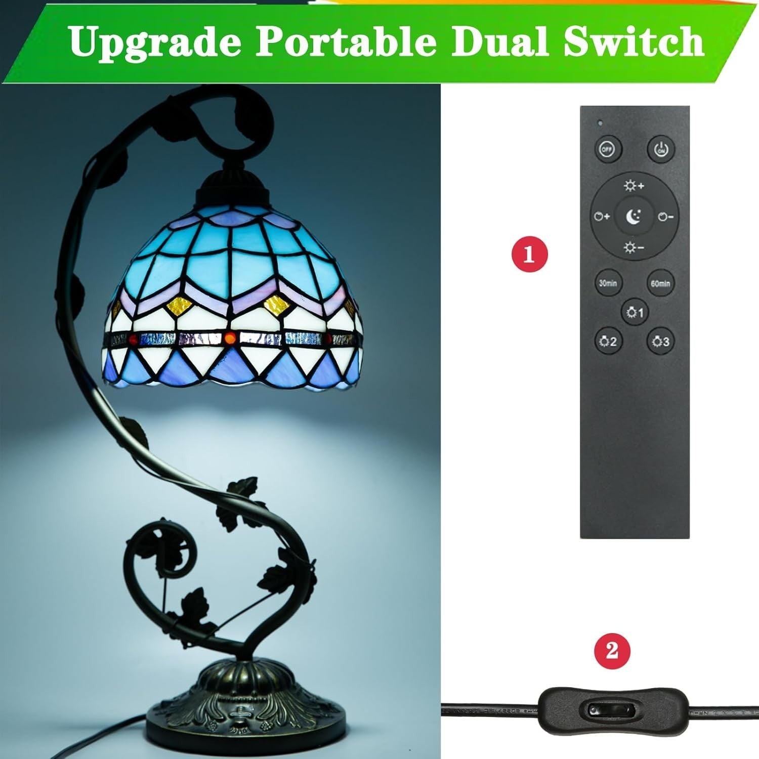Stained Glass Table Lamp LED Remote Dimming 3 Color Modes for Bedroom
