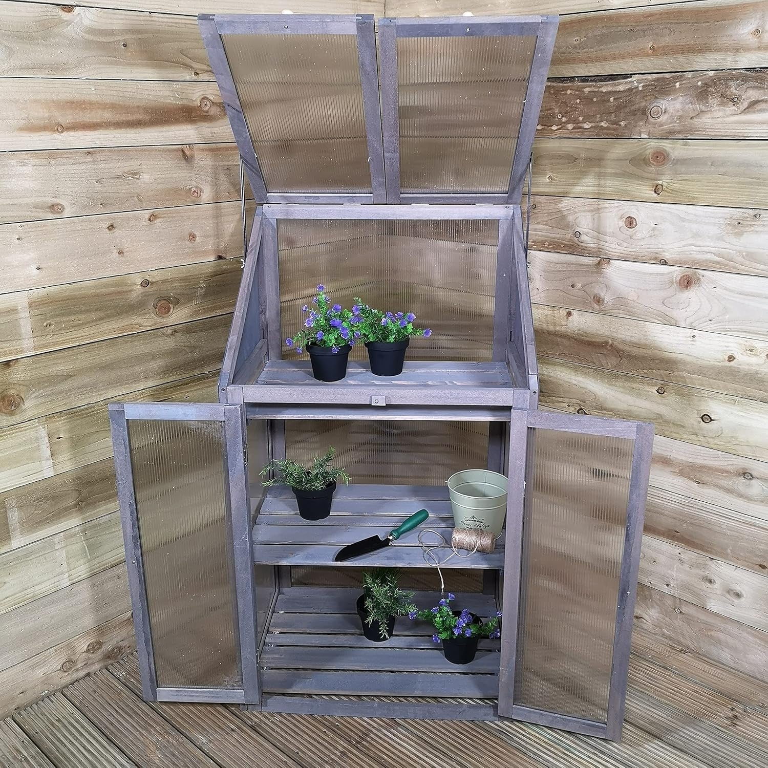 Grey Wooden Mini Greenhouse Cold Frame with Polycarbonate Panels H120xW69xD49cm
