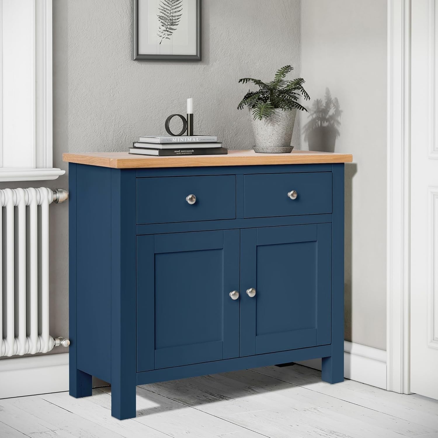 Small Blue Sideboard Cabinet with 2 Drawers & 2 Doors – Oak Top Storage Unit