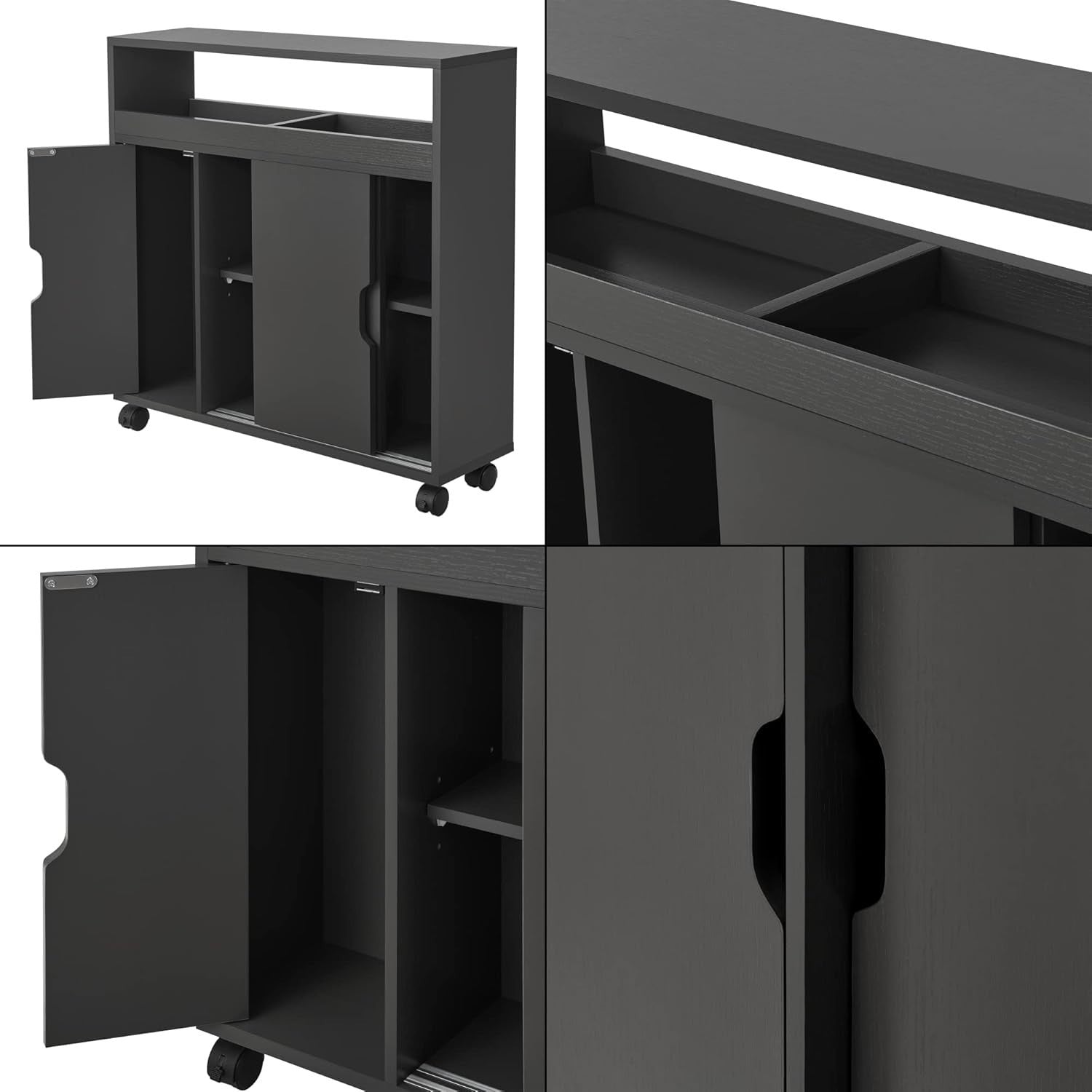 Bathroom Storage Cabinet Dark Grey Slim Cupboard w/ Wheels & Sliding Door