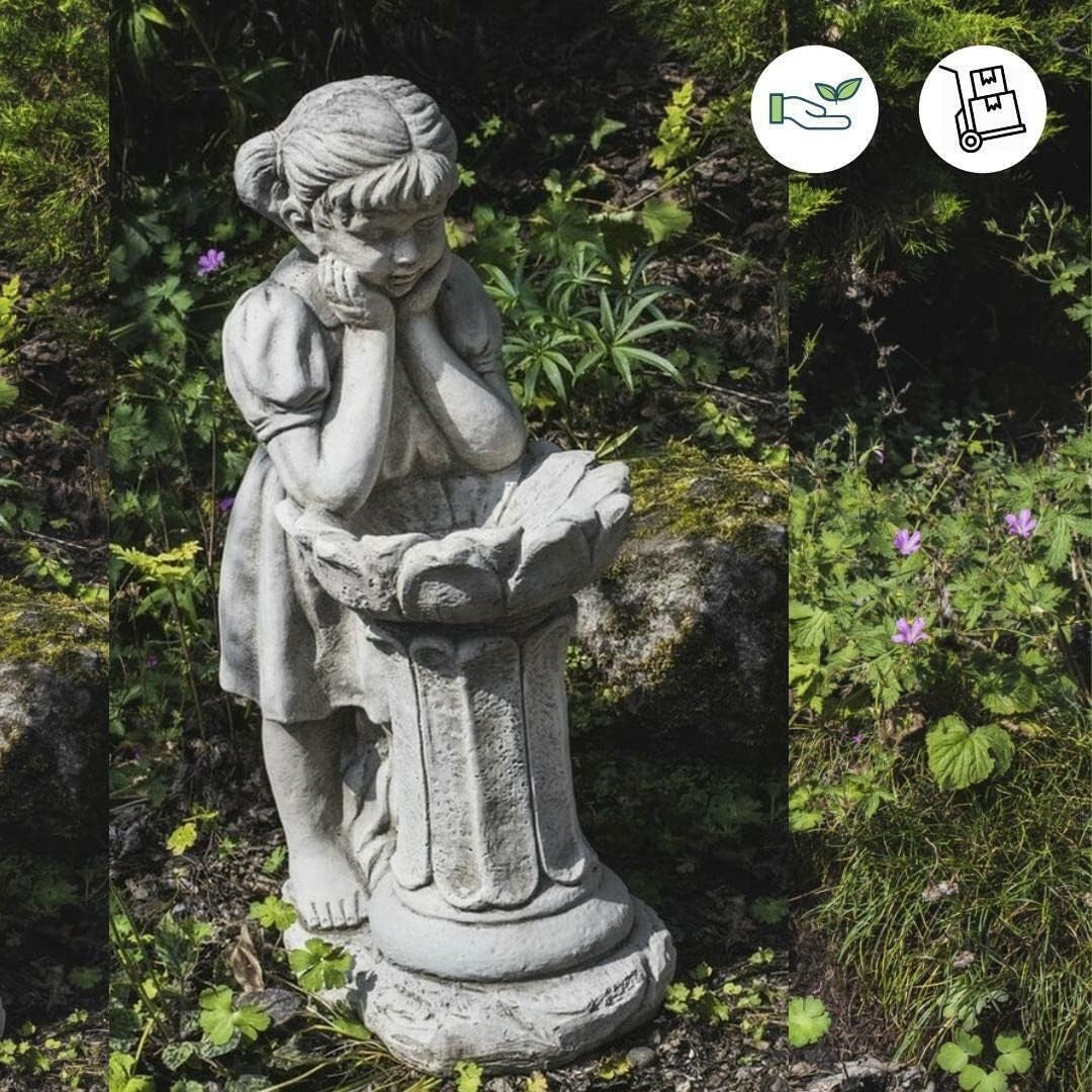 Stone Cast Girl Bird Bath Sculpture Garden Ornament Antique Stone Feeder