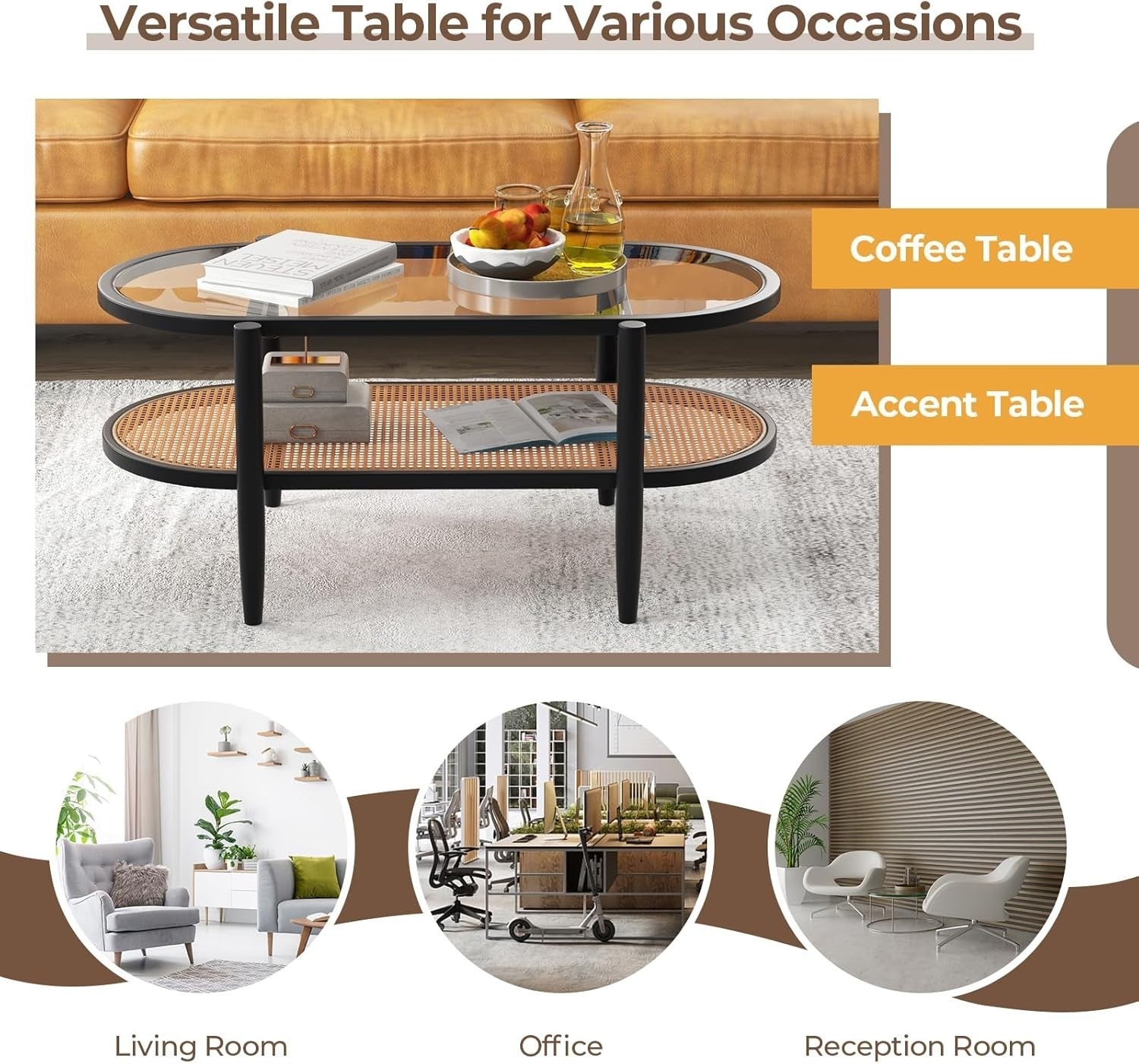 Black Glass Coffee Table with Rattan Shelf – 2-Tier Oval Wood Frame