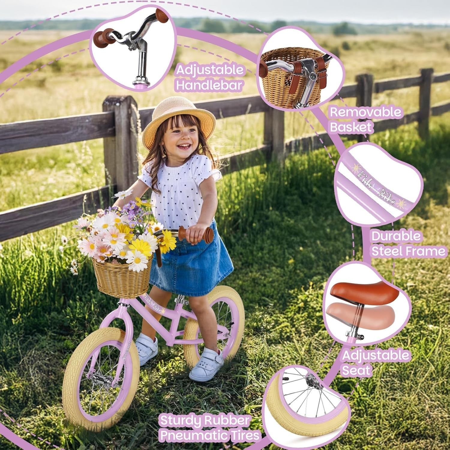 14" Kids Balance Bike Adjustable Seat Basket No Pedal Training Bike Purple