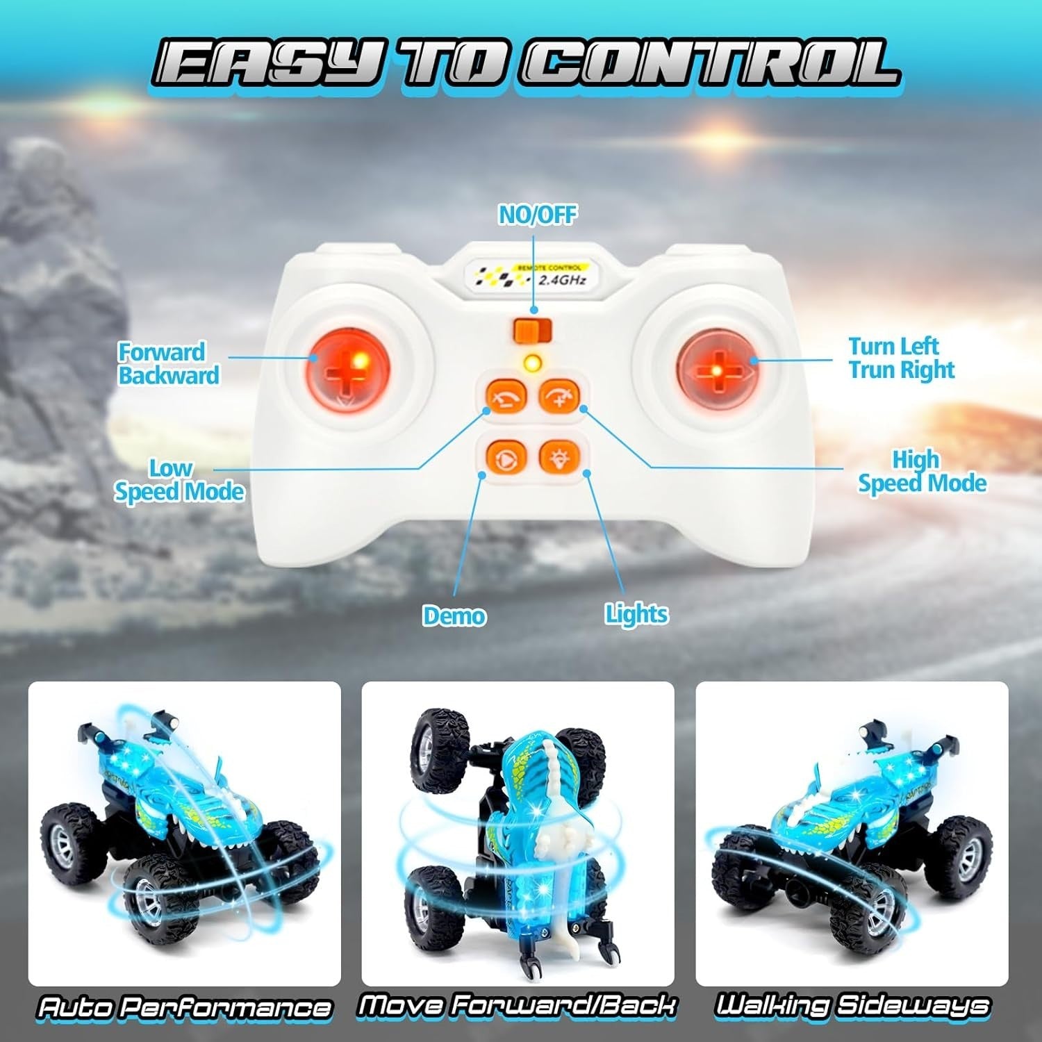 Dinosaur RC Car with LED Eyes – 2.4GHz Mini Stunt Toy for Kids