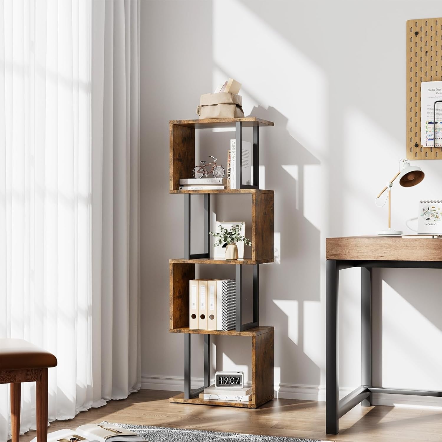 5-Tier S-Shaped Bookcase with LED Lights Rustic Brown Display Storage Shelf Unit