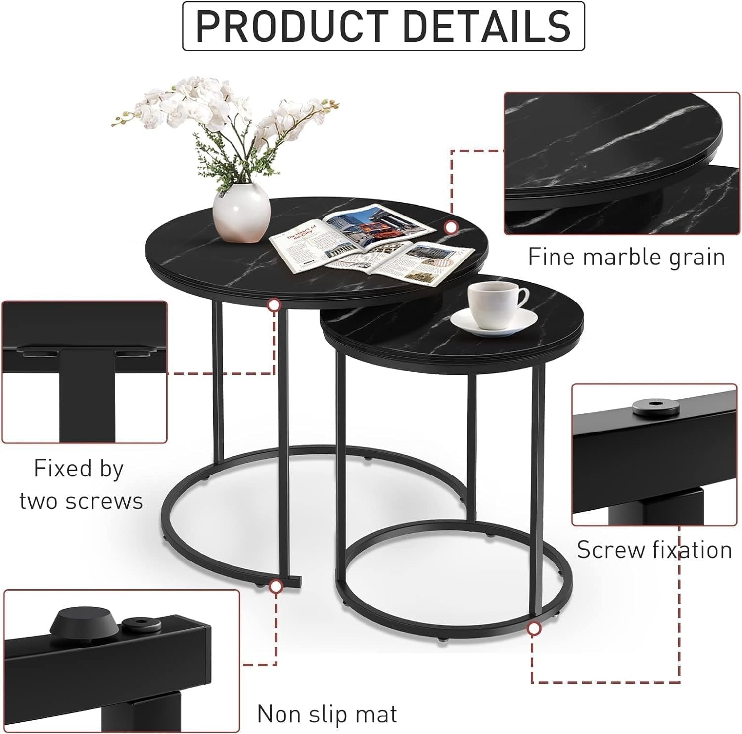 Nesting Coffee Table Set of 2 Round Faux Marble End Side Table for Living Room