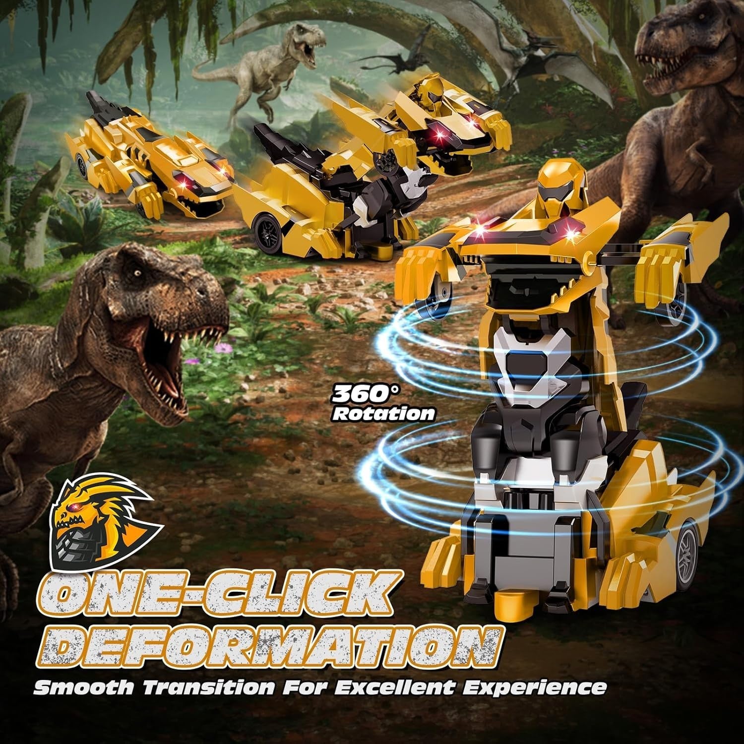 Yellow Transforming Dinosaur RC Car Robot 360° Spin LED Remote Kids Toy