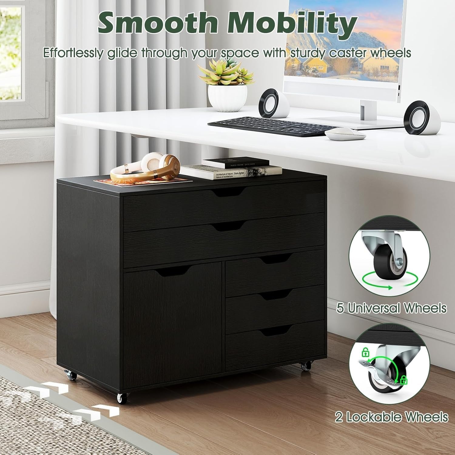 Black Mobile File Cabinet 5 Drawer Side Cupboard Rolling Printer Stand