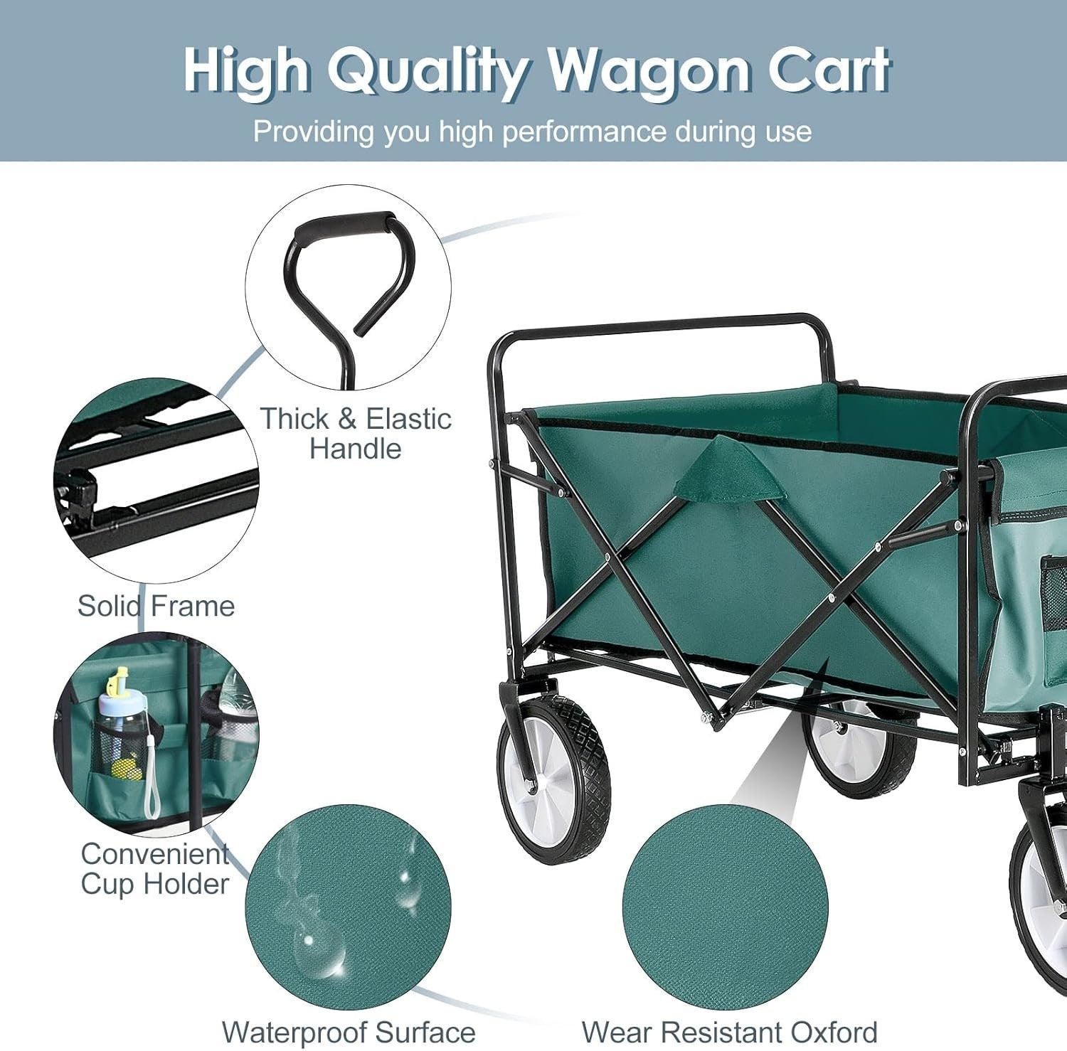 Green Folding Camping Wagon Heavy Duty Collapsible Garden Beach Cart w/ Pocket
