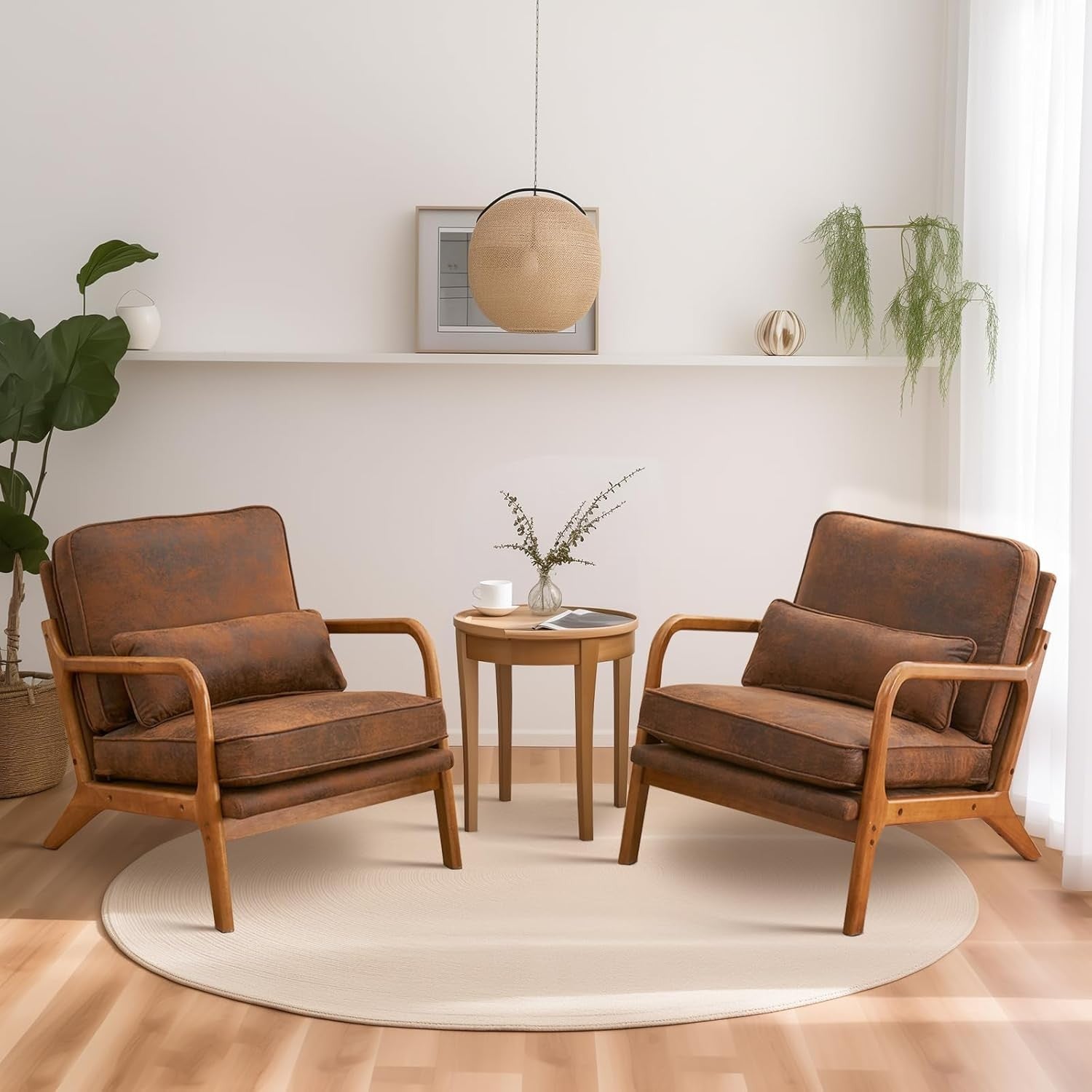 Brown Leather Accent Armchair Solid Wood Lounge Wide Arm Chair