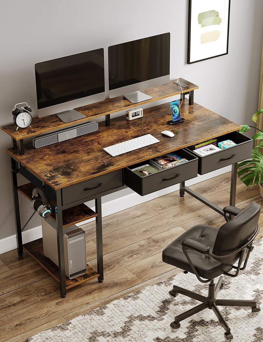 Rustic Brown 120cm Computer Desk w/Drawers, LED Lights & Power Outlets