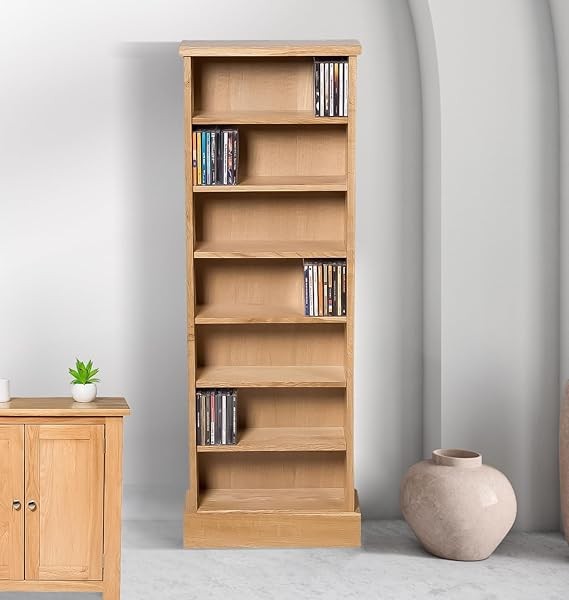 Narrow Oak Storage Tower – 7-Tier Wooden CD DVD Book Display Shelf Unit