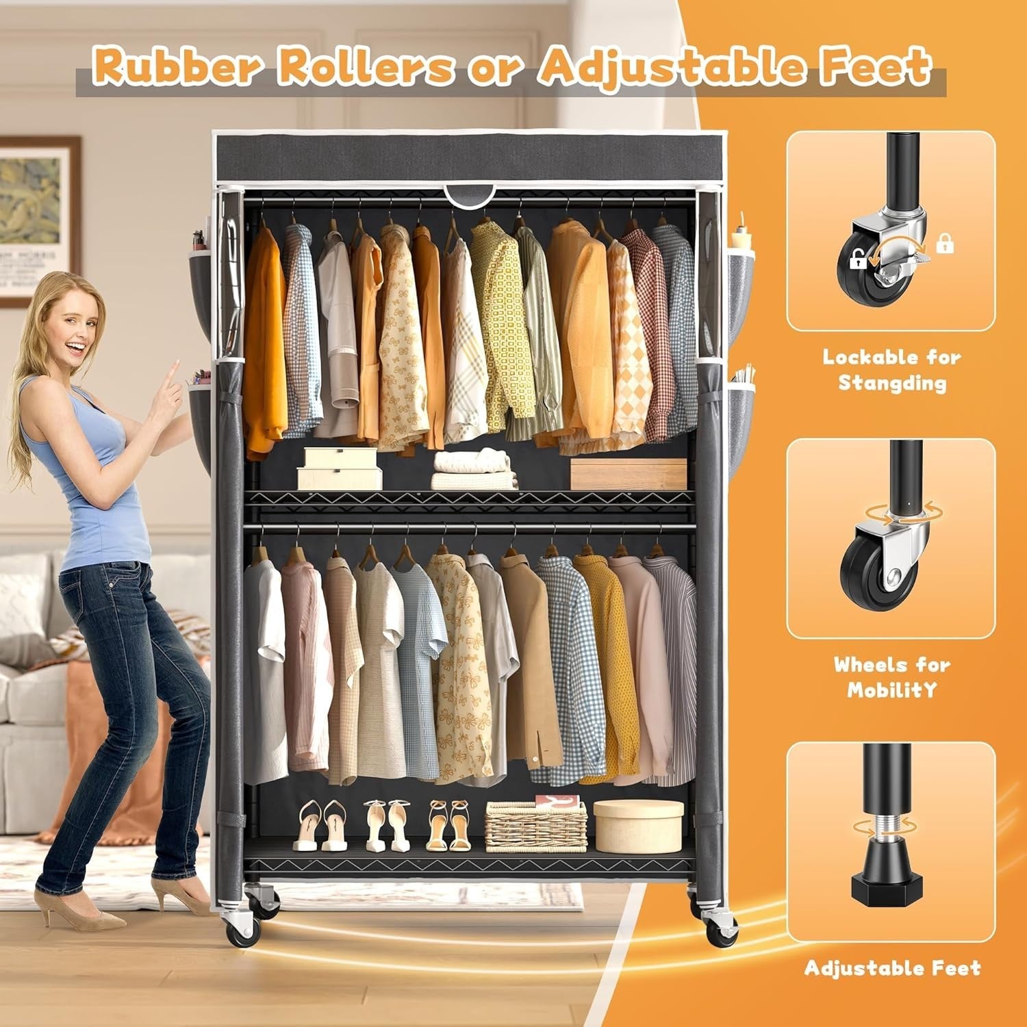 Heavy Duty Clothes Rail with Cover & Shelves – Black 204cm