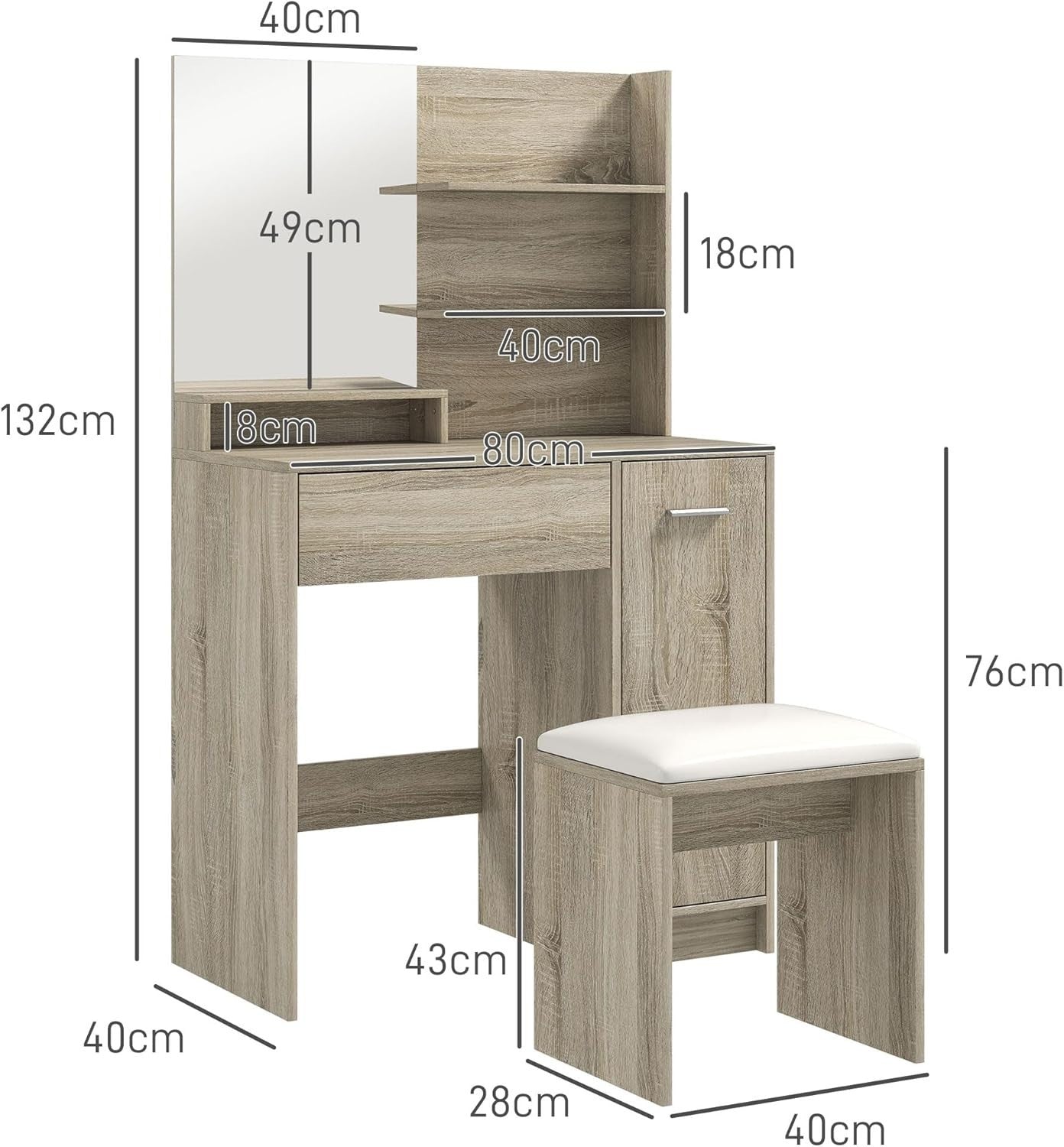 Natural Wood Dressing Table Vanity Set Mirror Stool Cabinet Drawer Makeup Storag