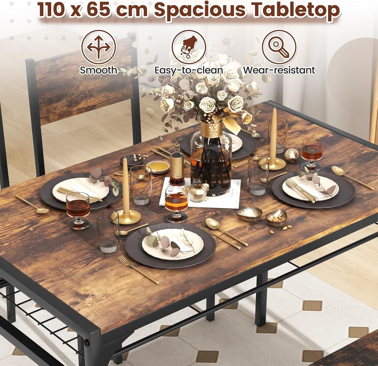 Dining Table Set with 2 Chairs & Storage Bench Rustic Brown for Small Space
