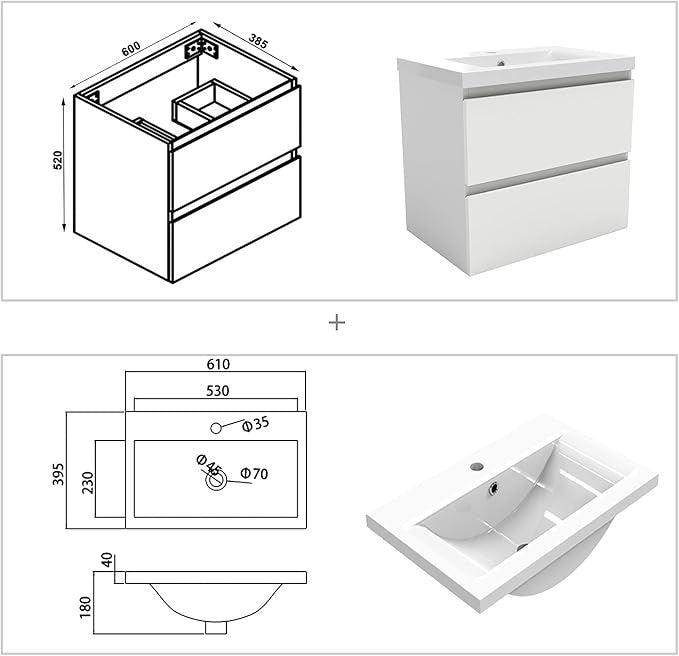 600mm Wall Hung Gloss White Vanity Unit – 2 Drawer Sink Cabinet with Basin