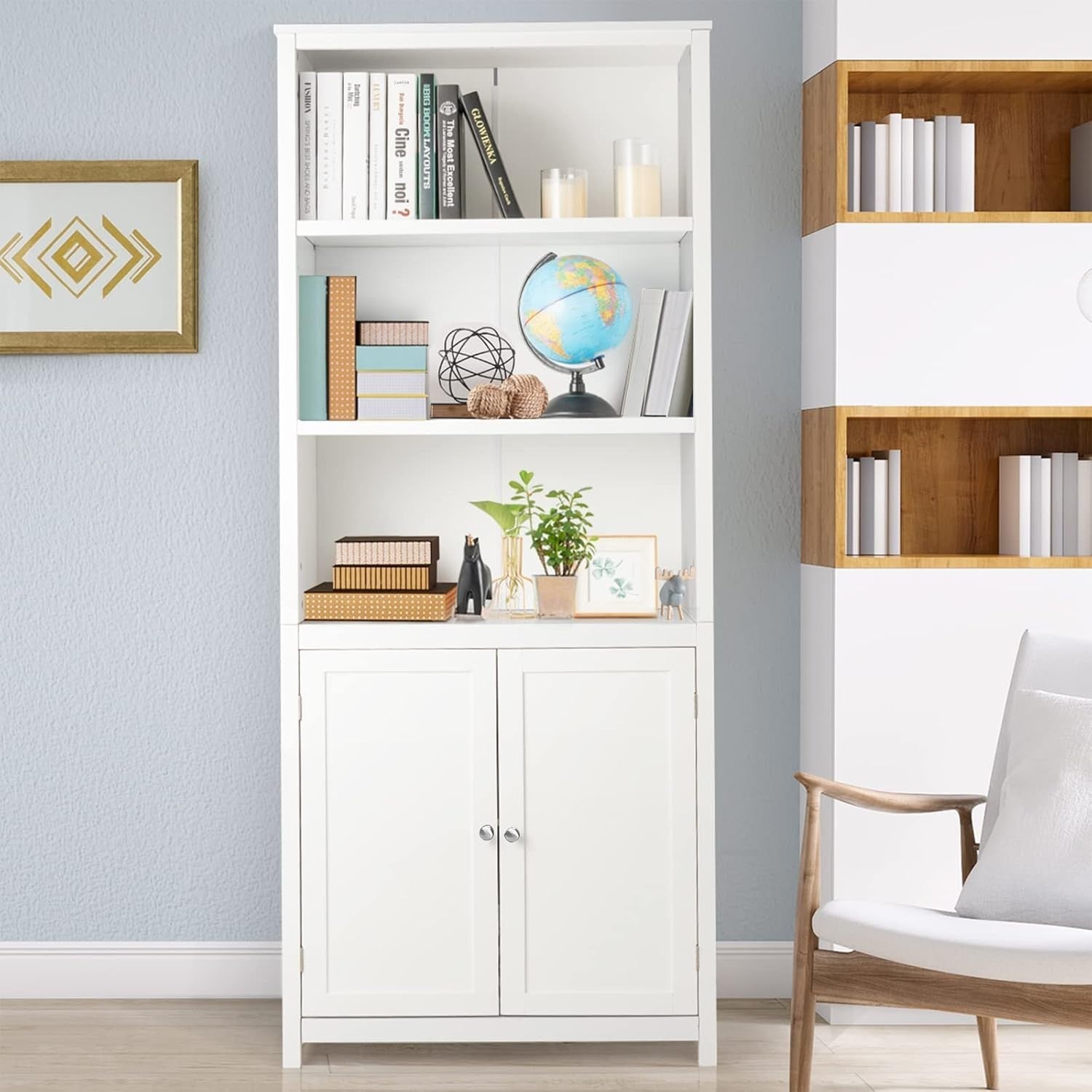 White Wooden Storage Cabinet with 3 Open Shelves & 2 Doors for Home