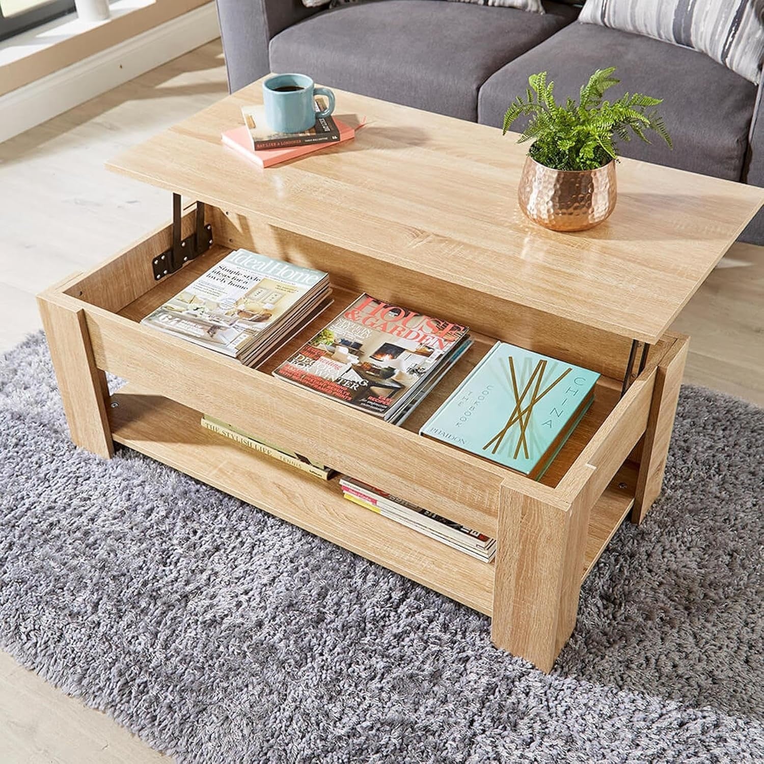 Oak Coffee Table with Lift-Up Storage & Magazine Shelf 100x50cm