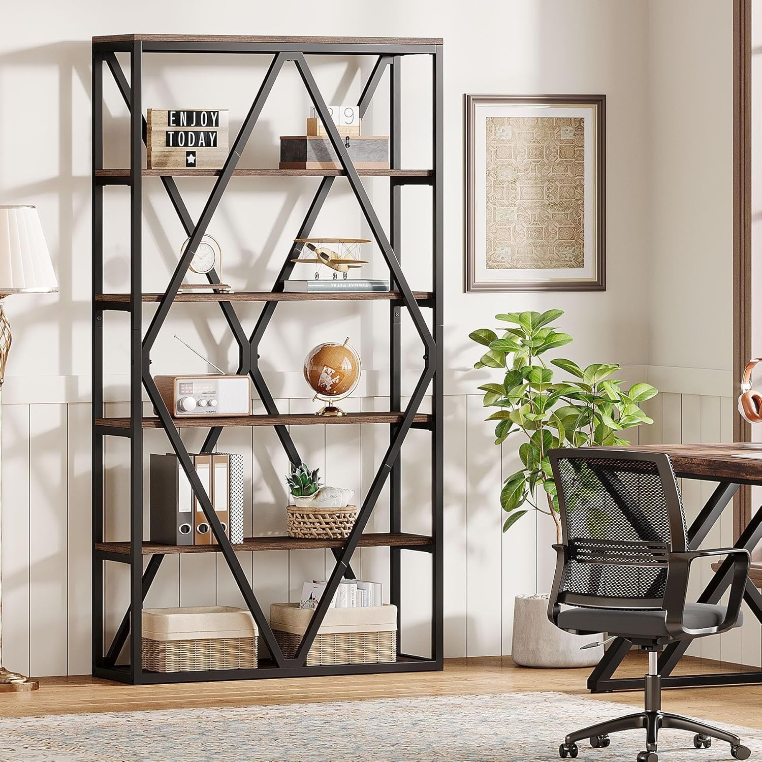 71-Inch Industrial 6-Tier Tall Bookshelf | Rustic Wood & Metal Display Shelving