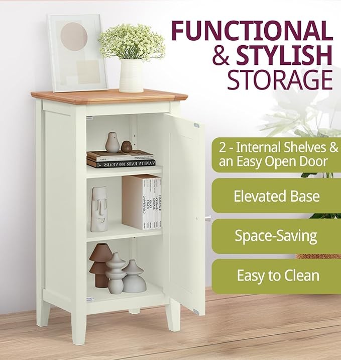 Off White Wooden Storage Cabinet 1 Door Small Cupboard with Oak Top Shelves
