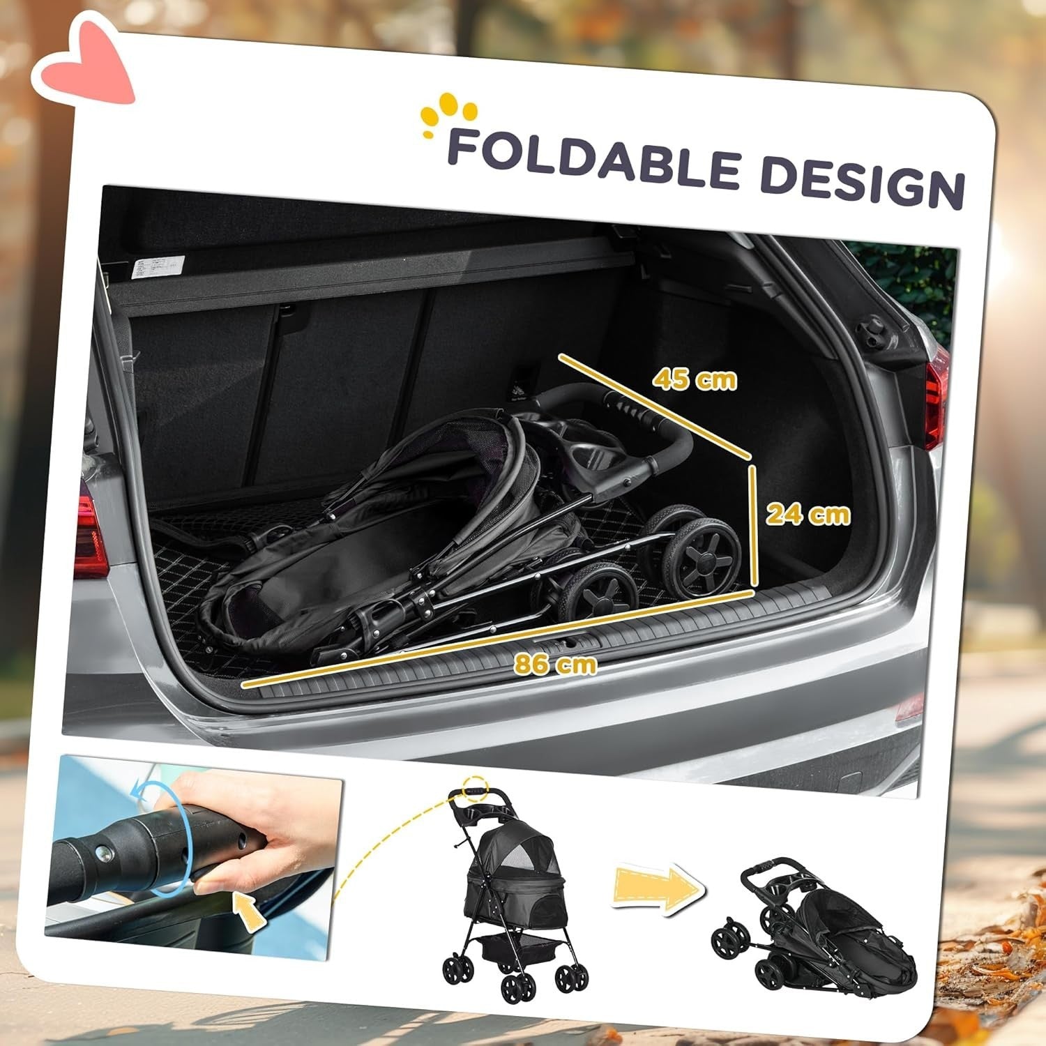 Foldable Dog Stroller Pet Pushchair 4 Wheels Safety Leashes Black