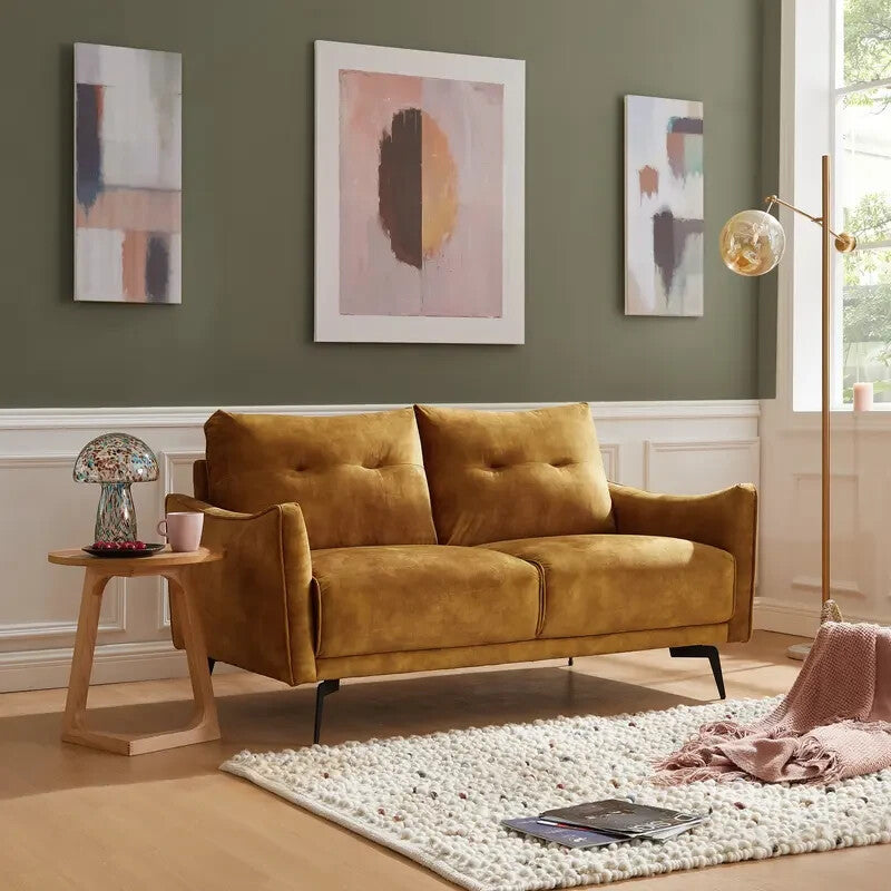 Gold Velvet 2 Seater Sofa | Modern Tufted Couch with Metal Legs & Support