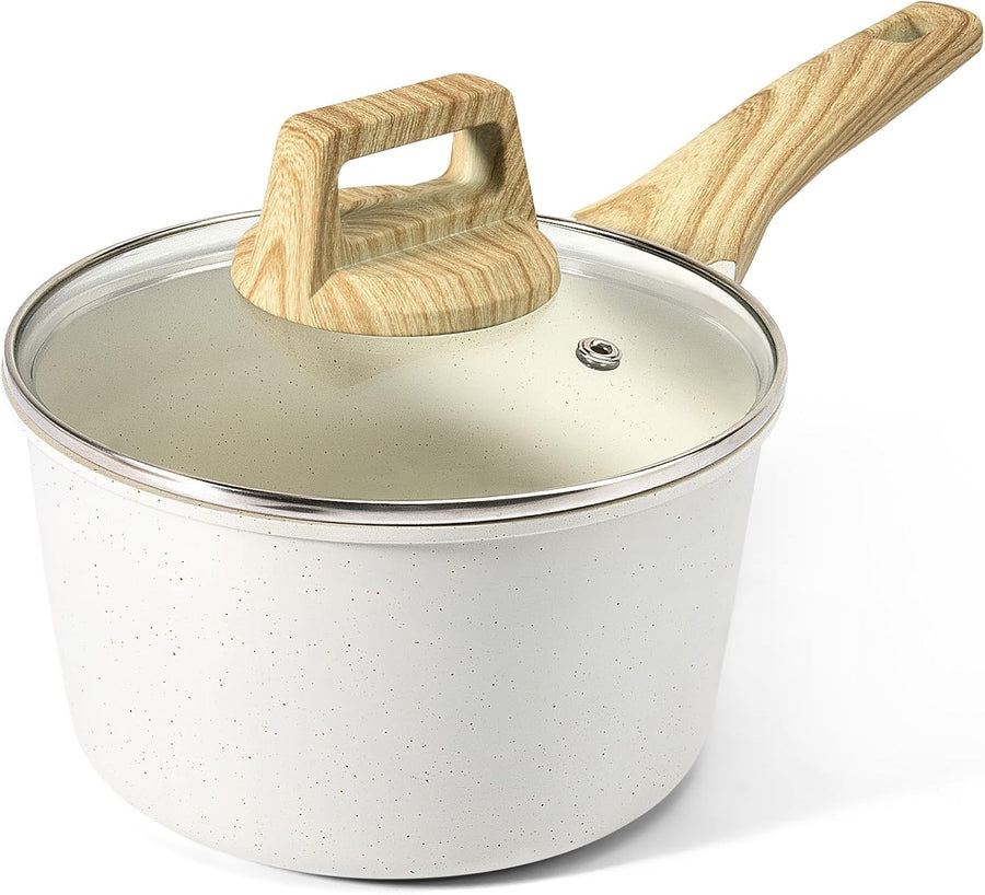 18cm White 2.5L Non Stick Saucepan with Lid Granite Cooking Pot Stay Cool Handle