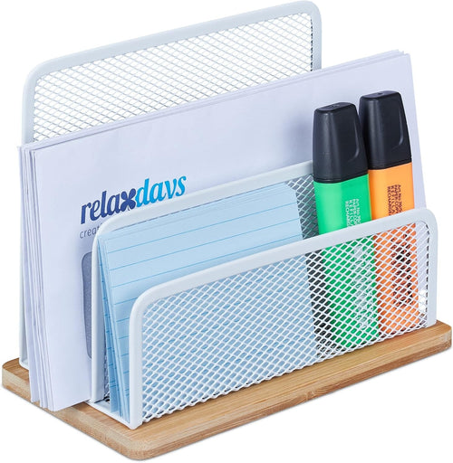 3-Compartment Metal & Bamboo Desk Organiser, Letter Tray, Paper Stand