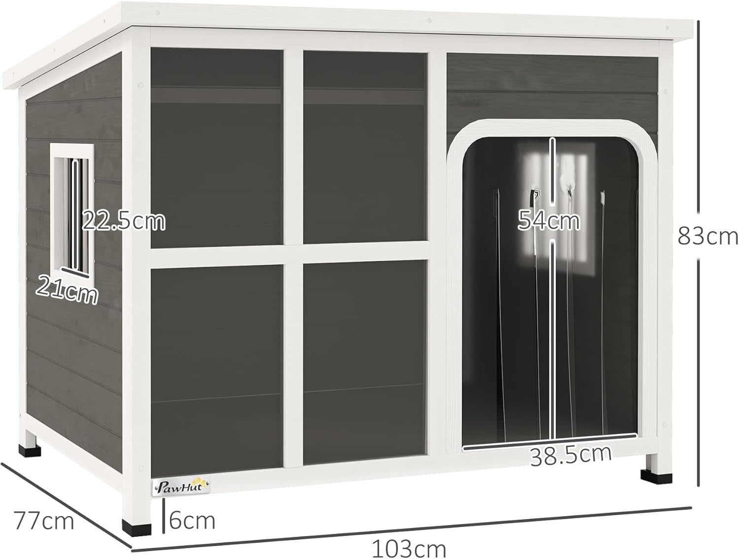 Large Wooden Dog Kennel Outdoor Shelter w/ Roof, Windows, Curtain | 103x77x83cm