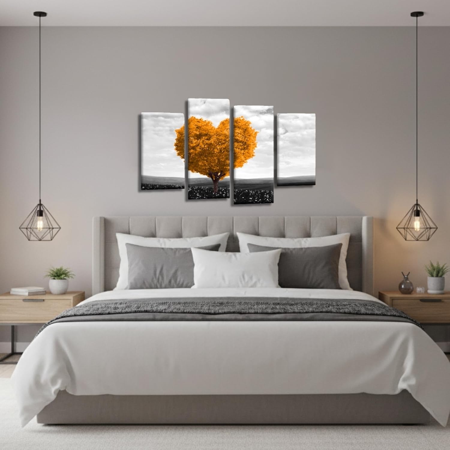 Orange Grey Heart Tree Canvas Wall Art 4 Panel Framed