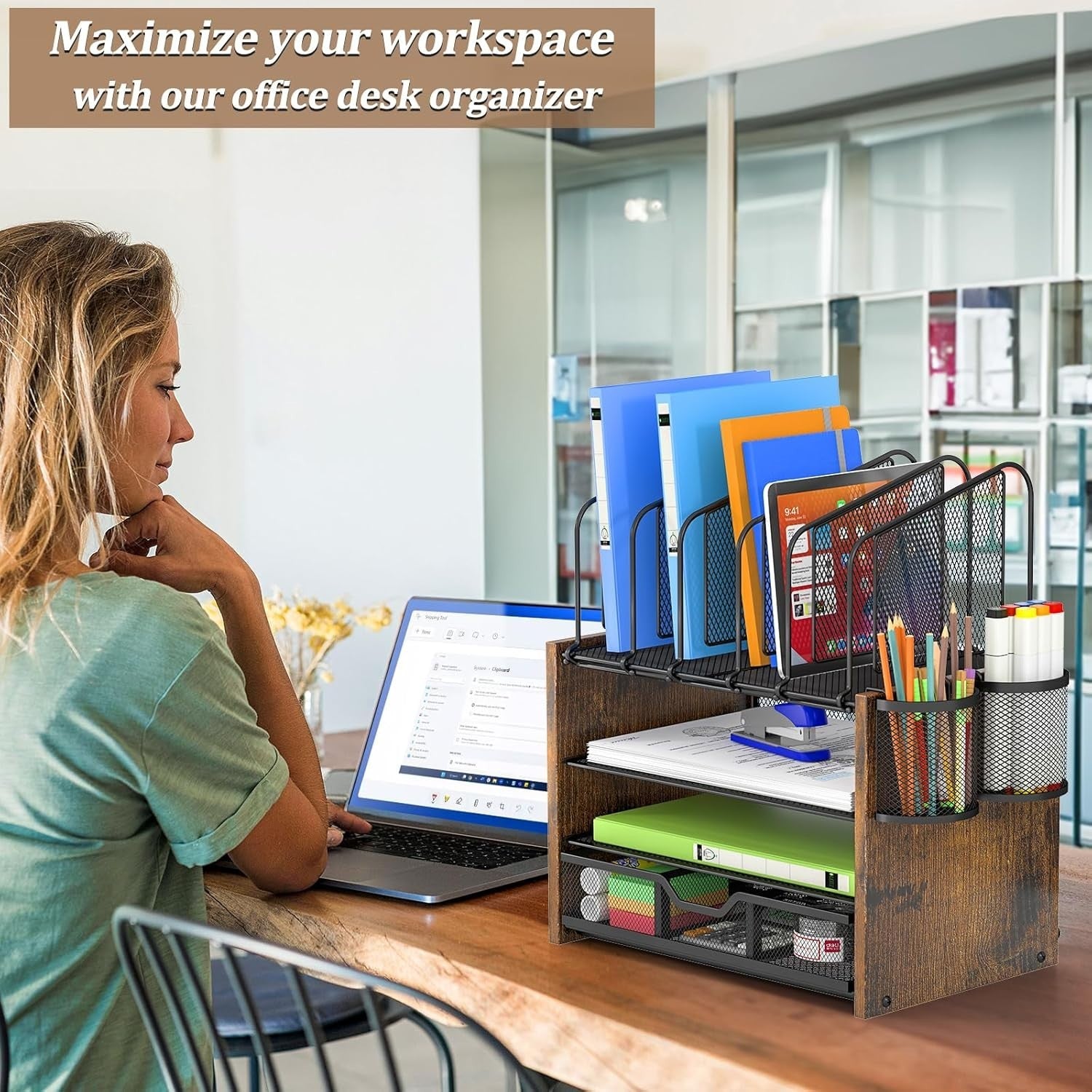 4 Tier Desk Organizer with Drawer Mesh File Organizer Pen Holders Office