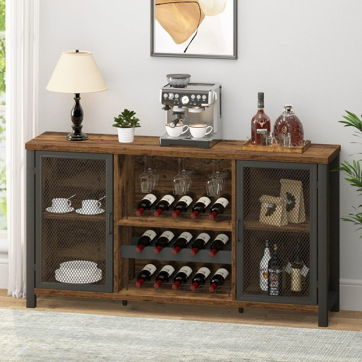 Rustic Farmhouse Wine Bar Cabinet Sideboard with Wine Rack & Glass Storage 140cm